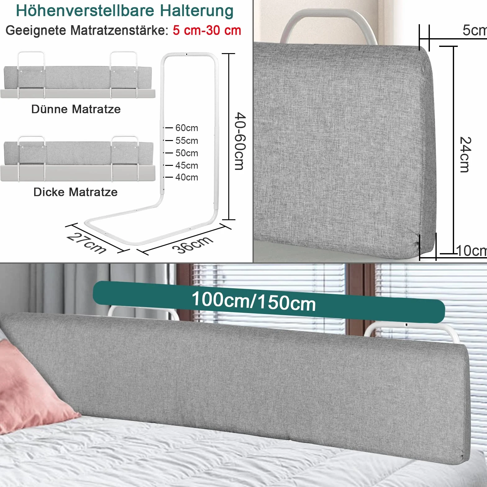 Froadp Sponde Letto Bambini Protezione Anticaduta del Letto Altezza Regolabile Protezione del Bordo Letto con Cerniera e Bottone Automatico Protezione per Letto Portatile (150cm, Grigio Lino)