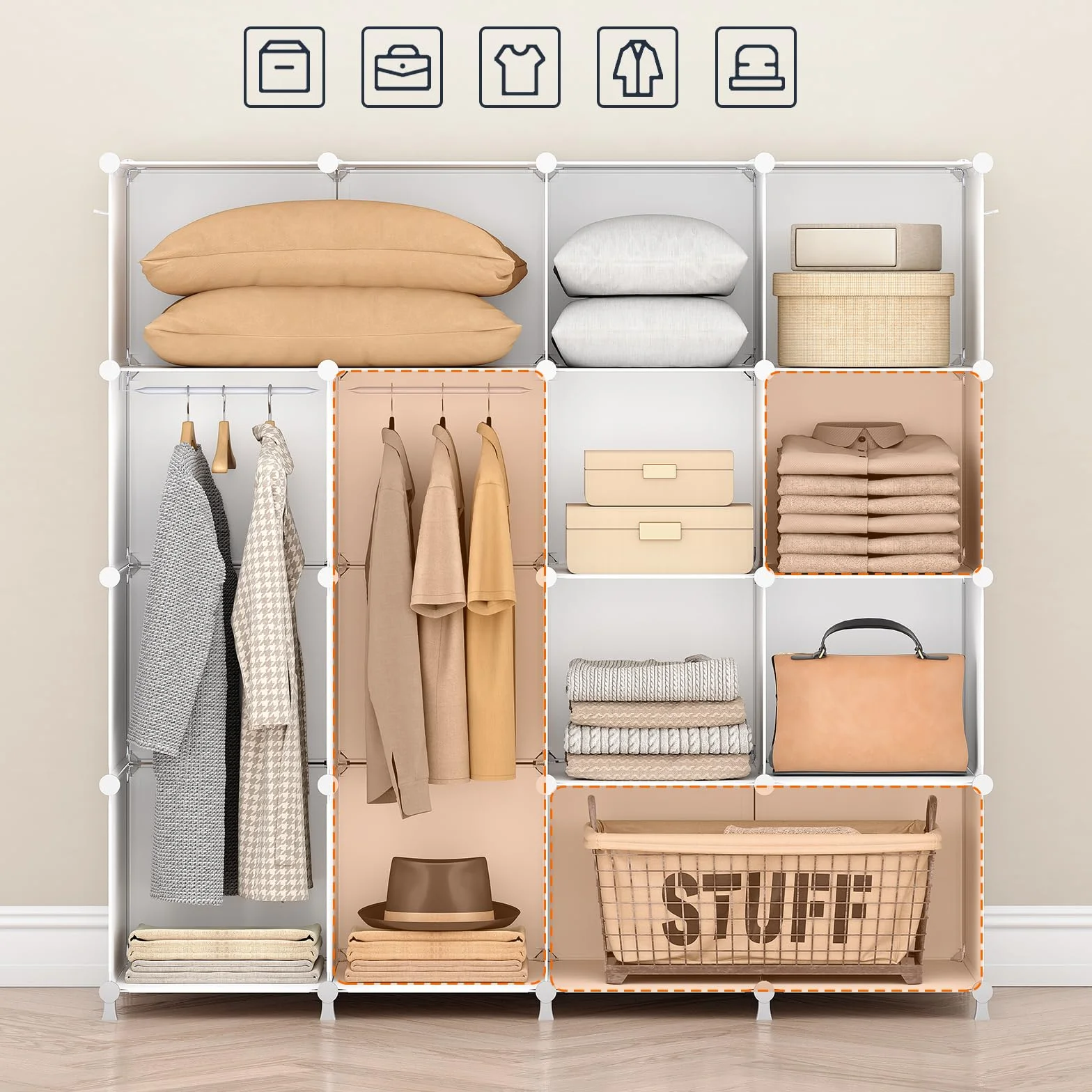 HOOBRO Armadio Modulare 16 Cubi con Ante, Portatile Guardaroba 2 Barra Appendiabiti, Bianco