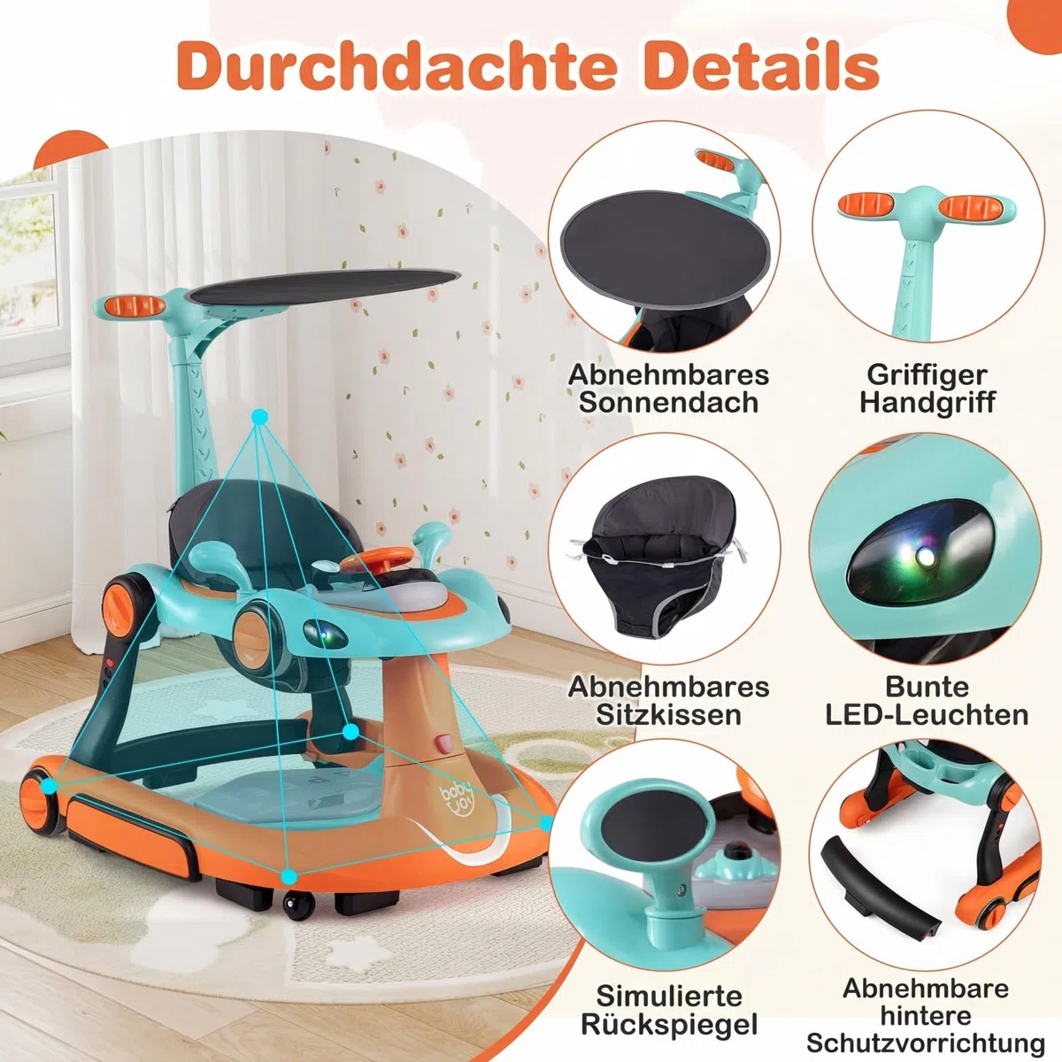GIANTEX Girello per Bambini 7-18 Mesi 7 in 1, Baby Walker con Tettuccio, Vassoio di Giochi, Carillon, Luci, Primi Passi Piegevole, Altezza e Velocità Regolabili, Carrello da Spinta (Arancione + Verde)