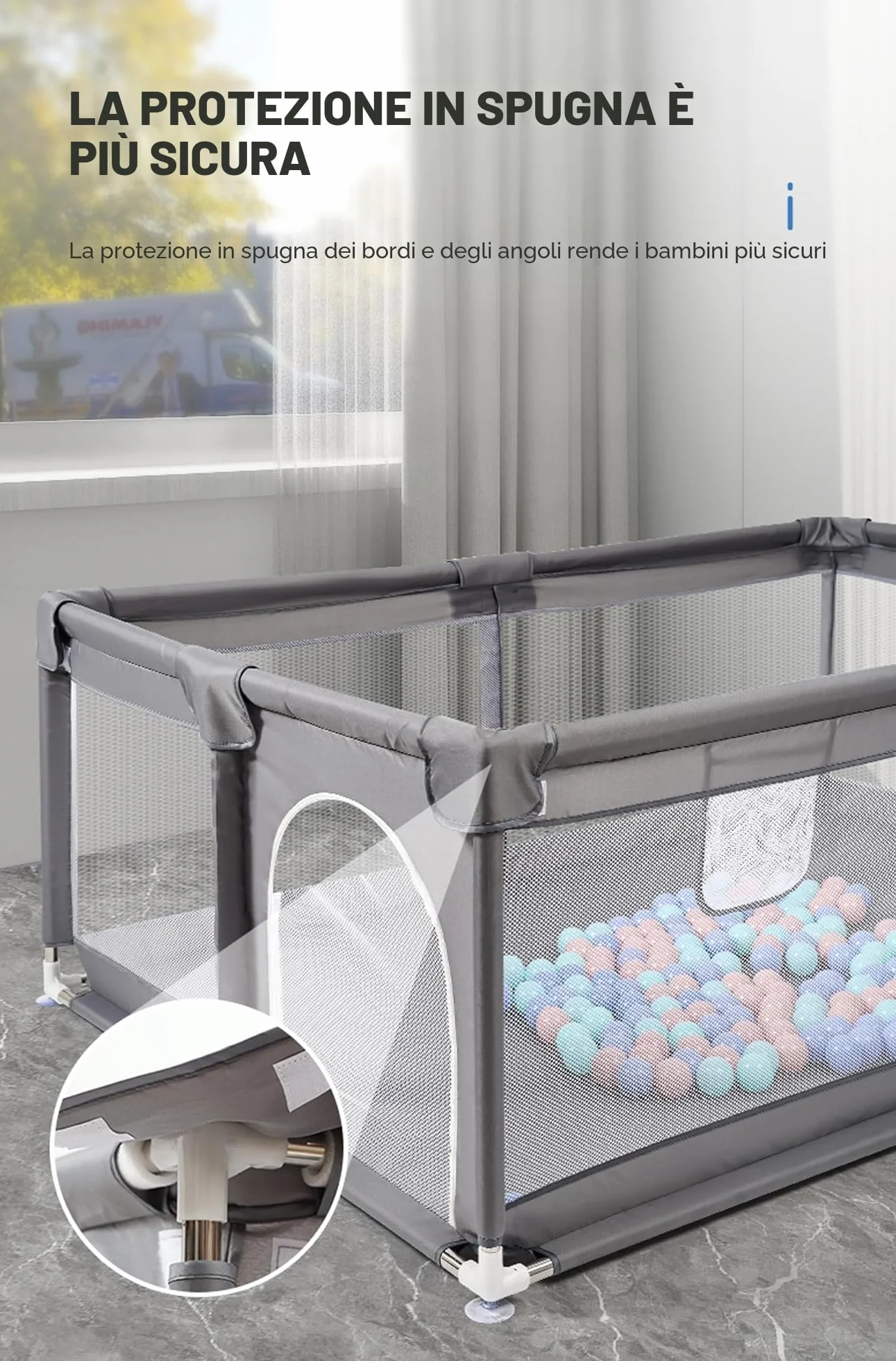 Recinto Gioco Pieghevole 160×120 cm Grigio per Neonati | Dotato di sacco portapalle e anelli tira su, pratico e sicuro per bambini
