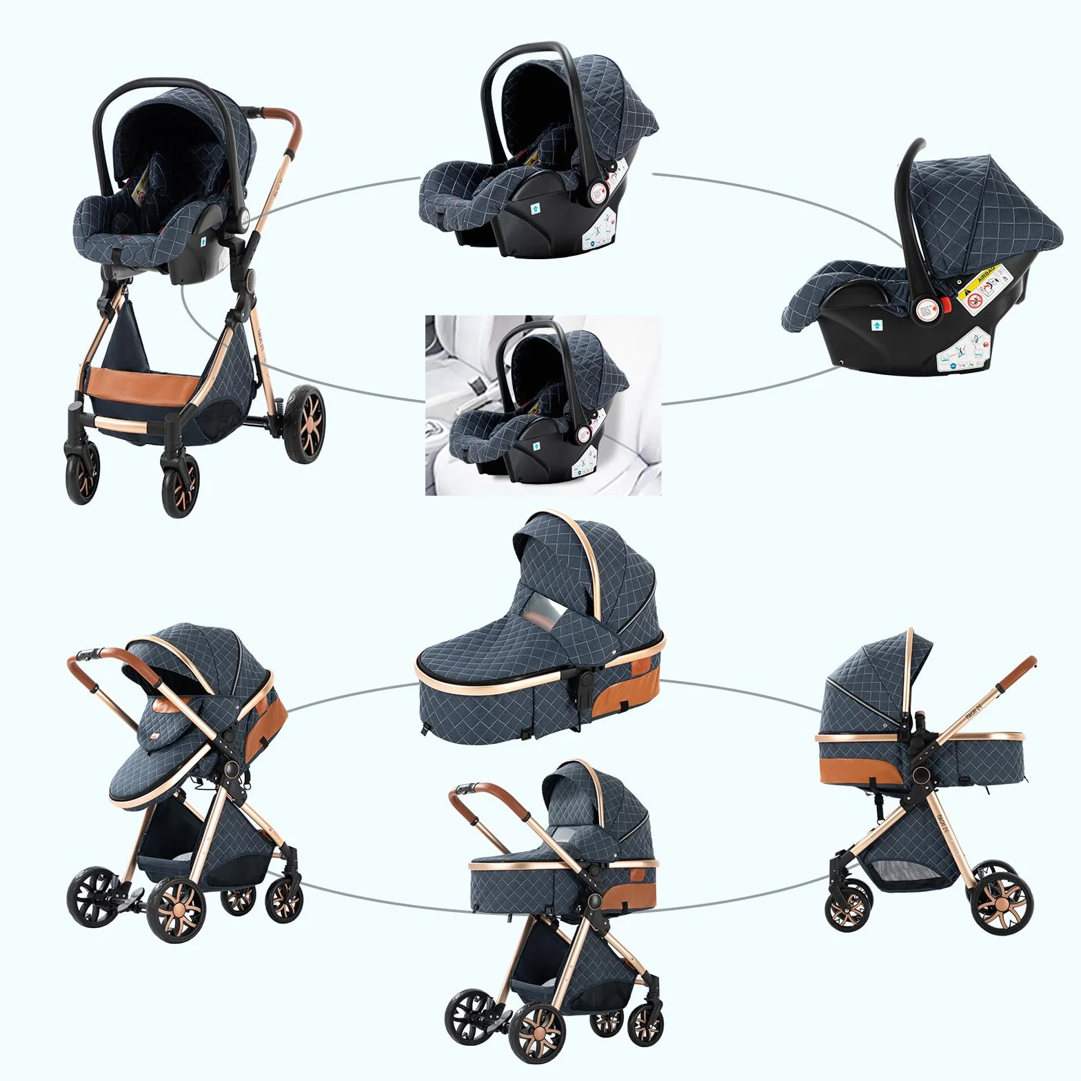 Nine point nine Trio Passeggino Neonati 3 in 1 con Telaio in Alluminio V9 Khaki