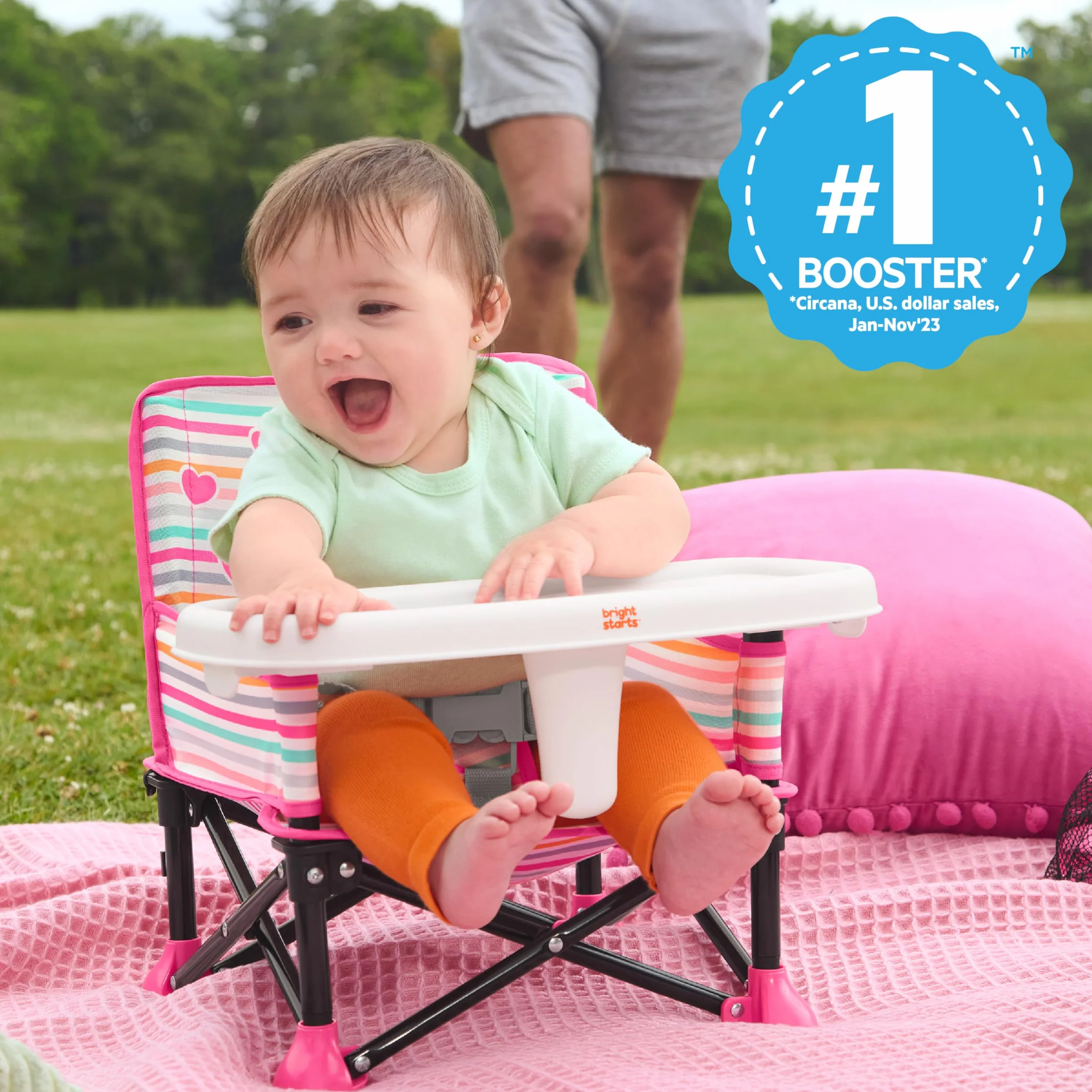 Bright Starts Pop 'N Sit Minnie Mouse Rialzo per sedia portatile con vassoio, verde chiaro, 6 mesi-3 anni