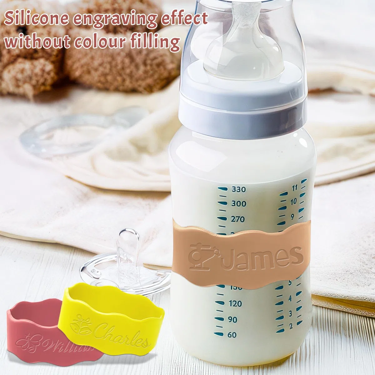 Fasce personalizzate per biberon - Etichette riutilizzabili personalizzate per biberon in silicone, nome inciso per asilo nido.