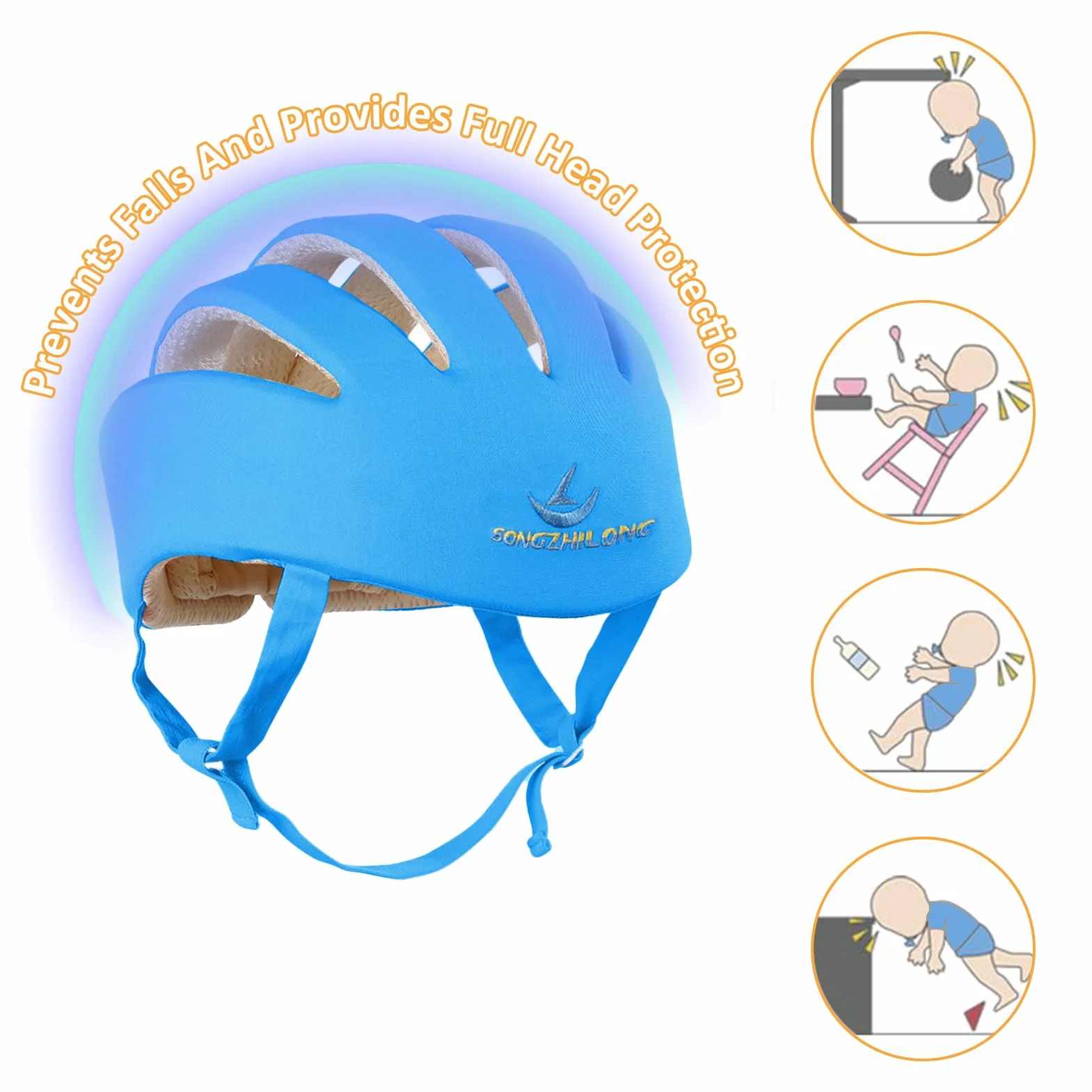 IULONEE Casco Bambino Neonati Cappello di Testa Cotone Regolabile Sicurezza Blu