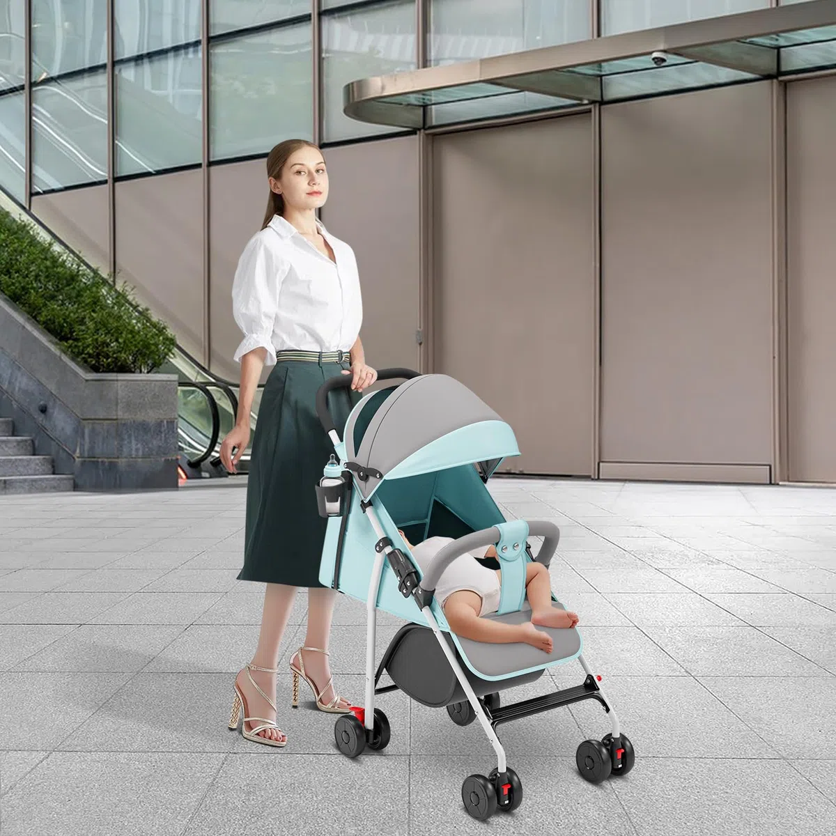 OHMG Passeggino Canne,Passeggino a canna compatta 0-36 kg,Passeggino da viaggio con cotone e zanzariera,Carrello di acquisto con funzione estensibile,Cappuccio estensibile (C-azzurro)