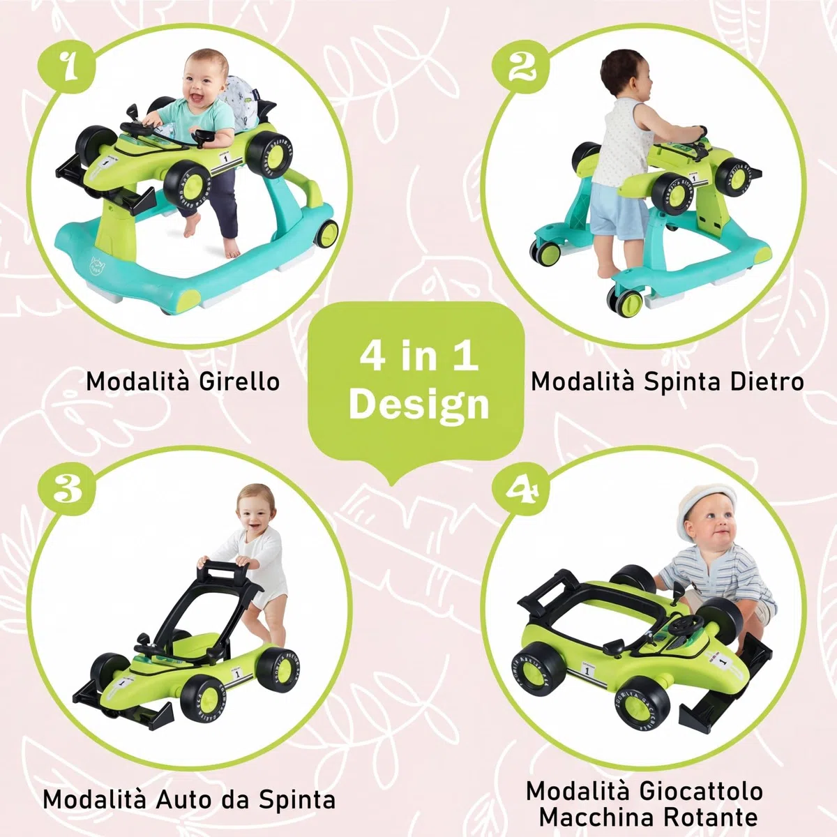 COSTWAY Girello per Bambini 4 in 1, Girello Pieghevole con Altezza e Velocità Regolabili, Carillon con Luci, Volante, Primi Passi per Bambini 6-18 Mesi, Portata 12 kg (Verde)