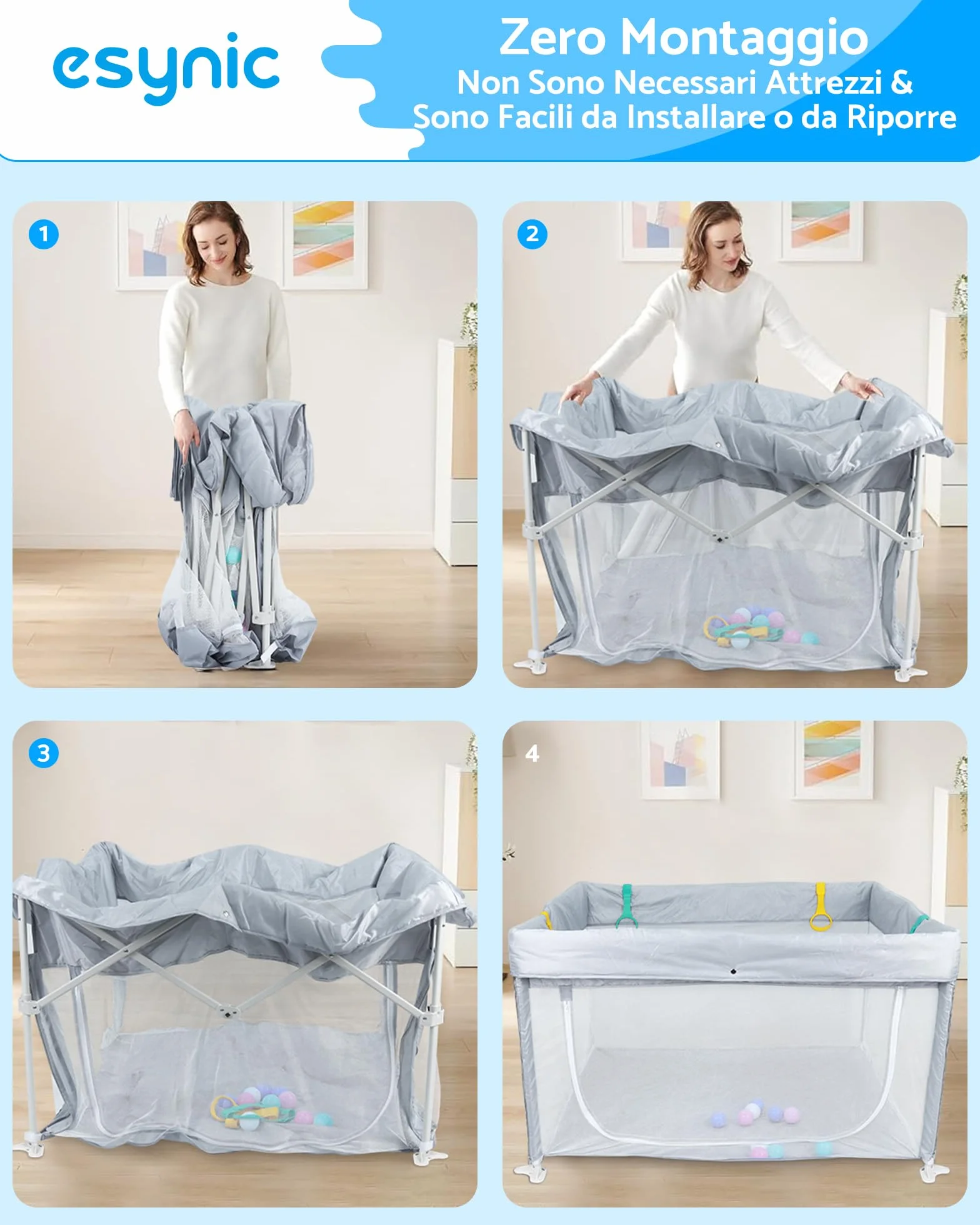 eSynic Playpen Bambini 120x120 cm Pieghevole con Pallini e Maniglie, Recinto Neonati Modulare, Porta Zip, Borsa Viaggio - Grigio