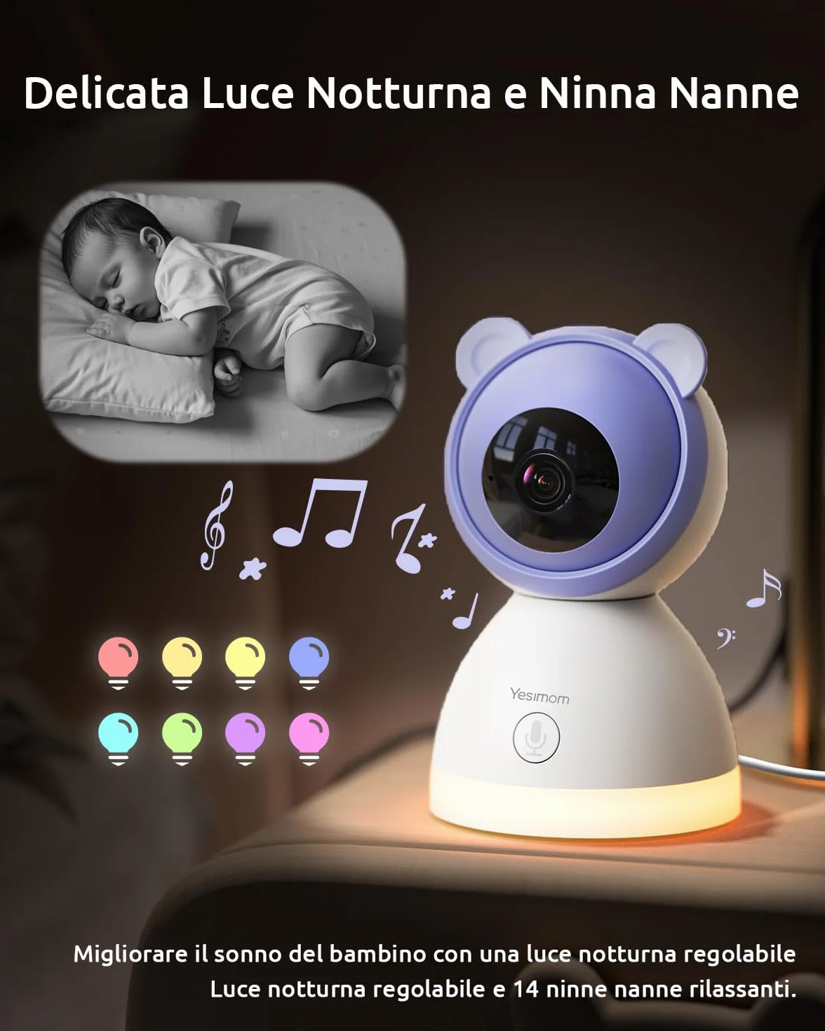 Baby Monitor 2K Video e Audio, Telecamera Bambini con APP, 5" Monitor, Luce Notturna, 360° PTZ, Allarmi Pianto e Movimento 8TM-1PZ