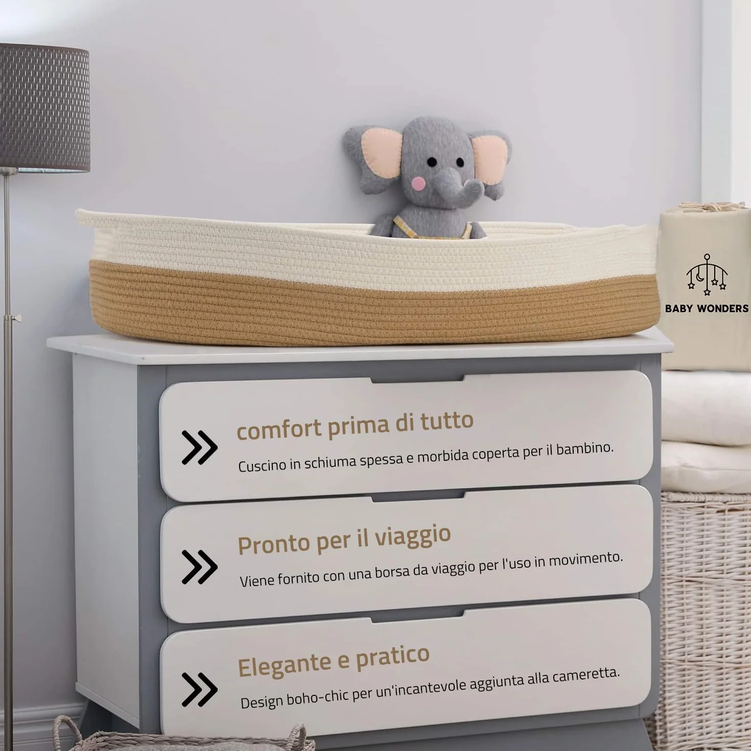 Baby Wonders Cesta Fasciatoio Neonato con Materassino e Borsa, Vimini Portatile per Cameretta o Viaggio