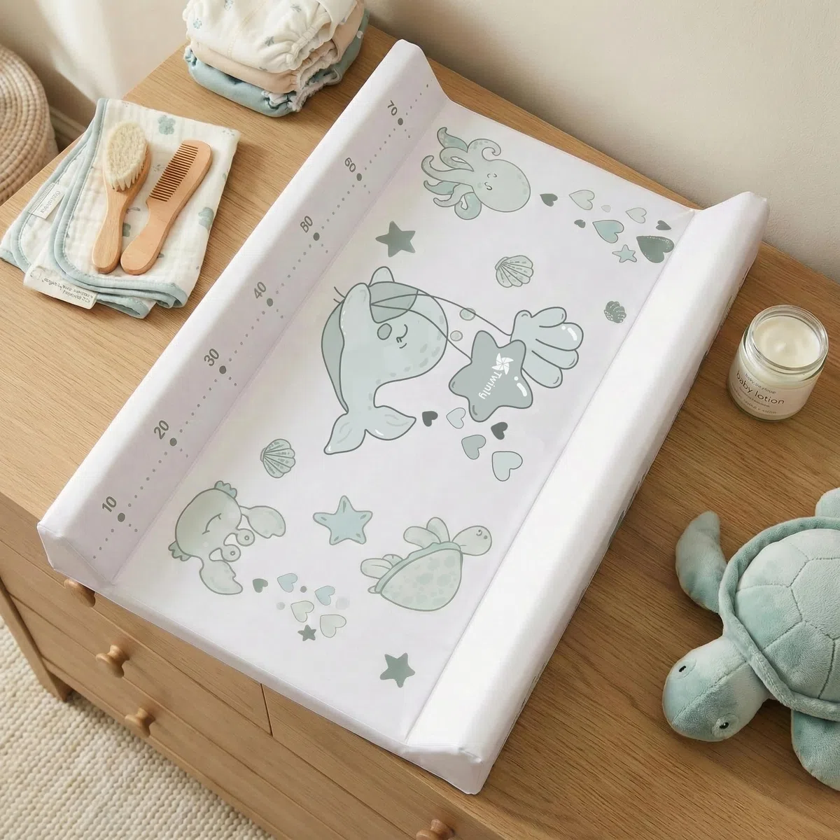 Twinly Bubbly Fasciatoio Neonato con Termometro Integrato - Vaschetta Bagnetto Pieghevole 2 in 1 - Accessori Neonato Utili 0-3 Mesi - Materassino Impermeabile (verde)
