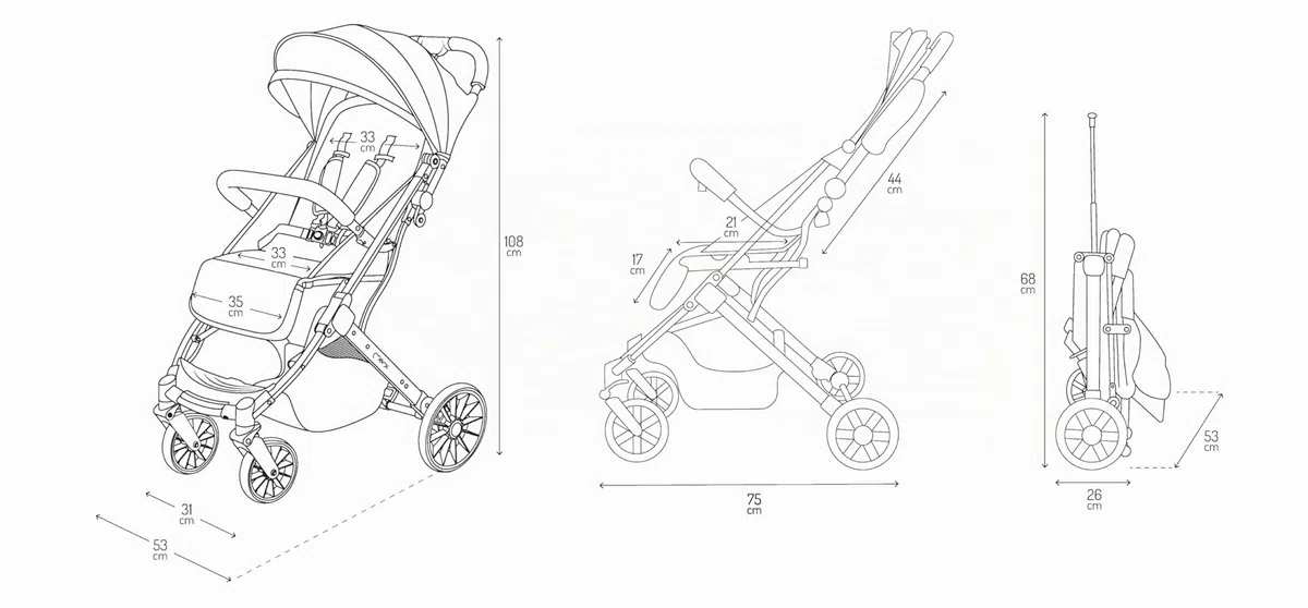 MoMi ESTELLE LIGHT PLUS Passeggino a partire da 6 mesi (fino a 22 kg), pieghevole con cintura di sicurezza a 5 punti, cestino porta spesa e funzione di apertura, manico telescopico per il traino