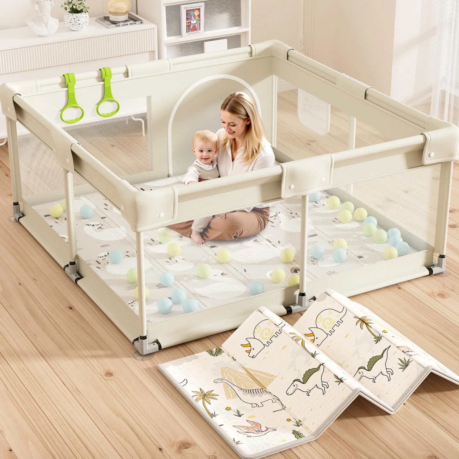 Box Bambini 120x120cm Beige Recinto Neonato con Rete Traspirante e Ventose