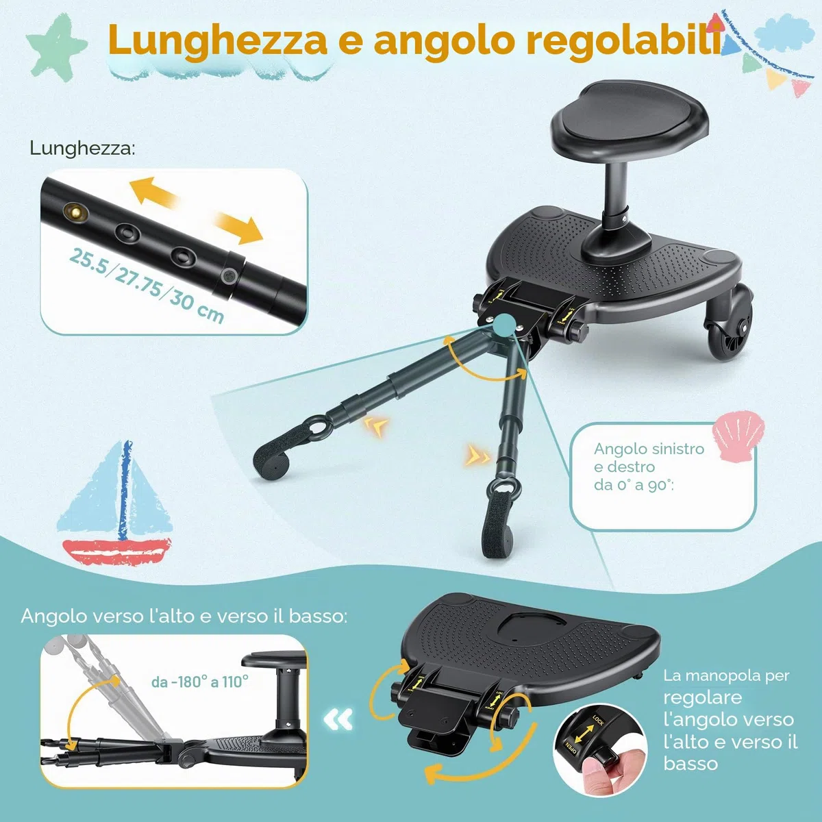 Pedana Passeggino Universale, Tavola per Bambini con Sedile più Ampio e Confortevole e Zone di Poggiapiedi più Ampie, Compatibile con il 99% Delle Carrozzine, Portata 25 kg