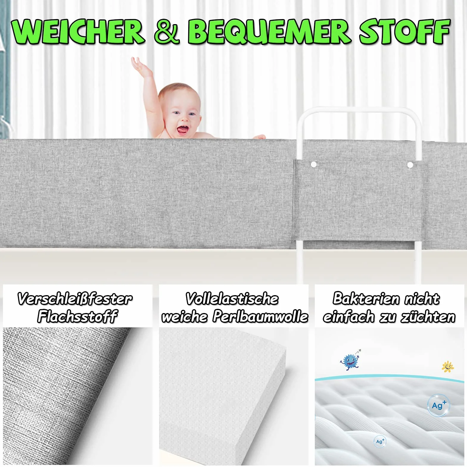 Froadp Sponde Letto Bambini Protezione Anticaduta del Letto Altezza Regolabile Protezione del Bordo Letto con Cerniera e Bottone Automatico Protezione per Letto Portatile (150cm, Grigio Lino)