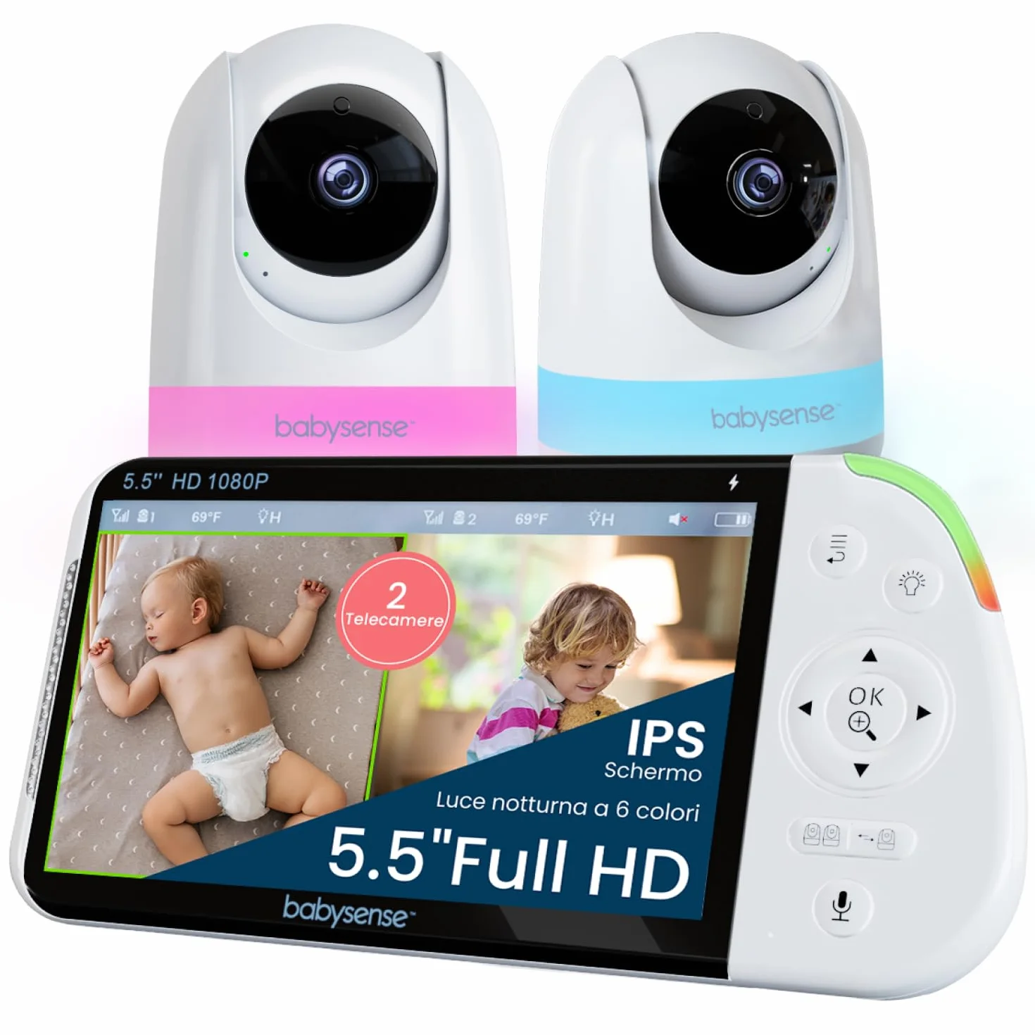Babysense Babyphone Full HD con schermo diviso a 2 camere, luce notturna a 6 colori, rilevatore di rumori e luci, batteria da 20 ore, connessione sicura senza WLAN