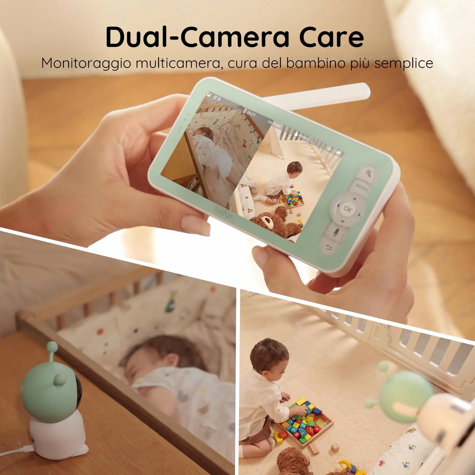 BOIFUN 2K Baby Monitor WiFi 360° con Luci Notturne, Display LCD 5" 3MP, Auto Tracking, Rilevamento Movimento e Suono IA