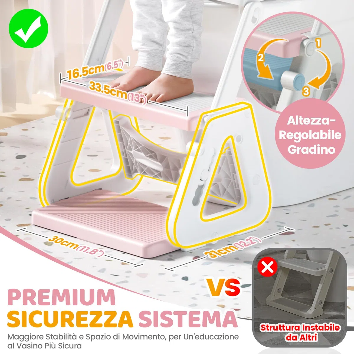 Riduttore Wc Bambini - Upgraded Riduttore Wc 2 in 1 - Struttura a Triangolo | Pedale Allargato | Paraspruzzi Estesi | Cuscino Morbido | Manico Allargato - Antiscivolo Pieghevole Leggero - Rosa Orso