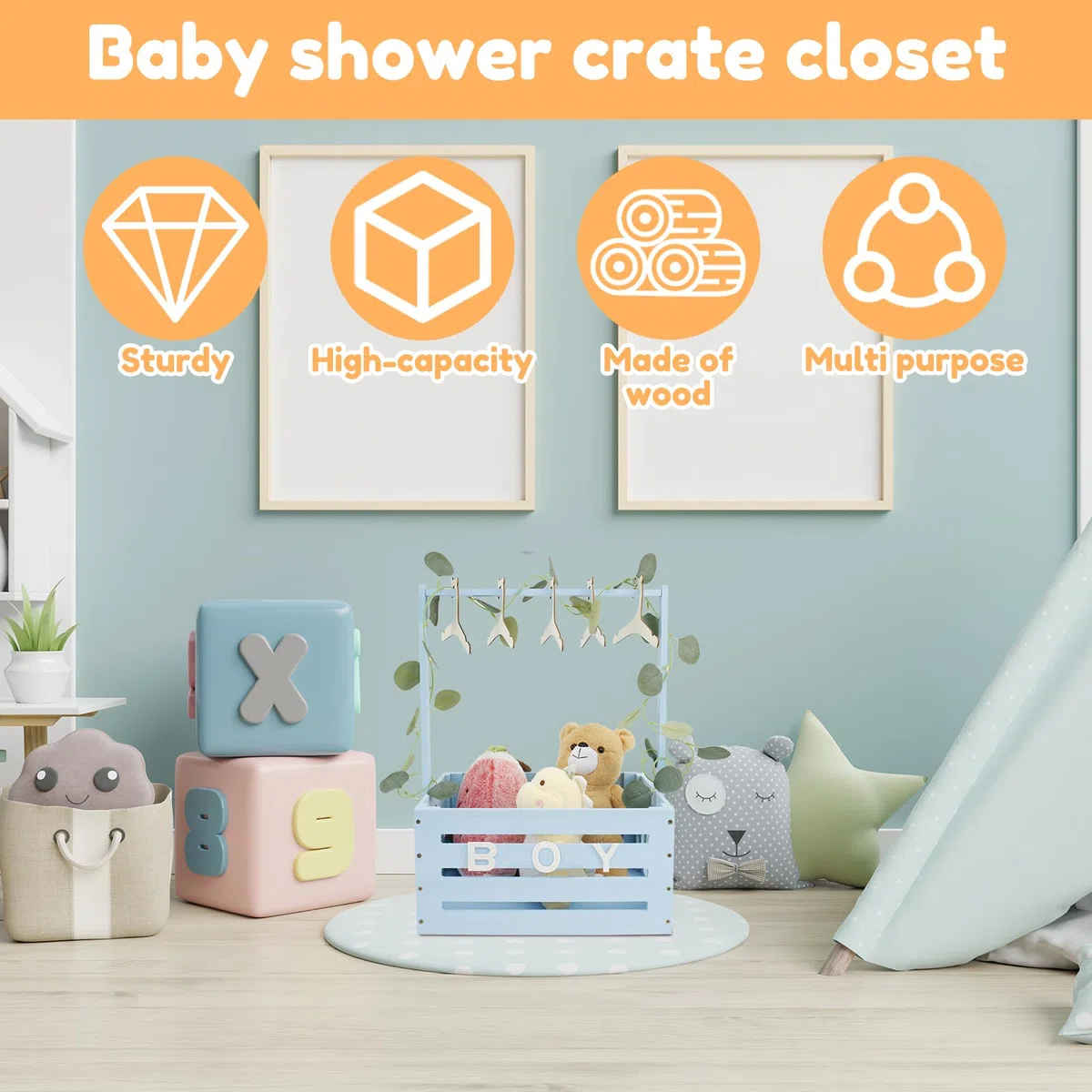 Armadietto per baby shower, cestino in legno con 10 ganci e ghirlanda verde, cassa con manico, appendiabiti in legno per neonati, ragazze, ragazzi, gravidanza, regalo per neo-genitori (blu)