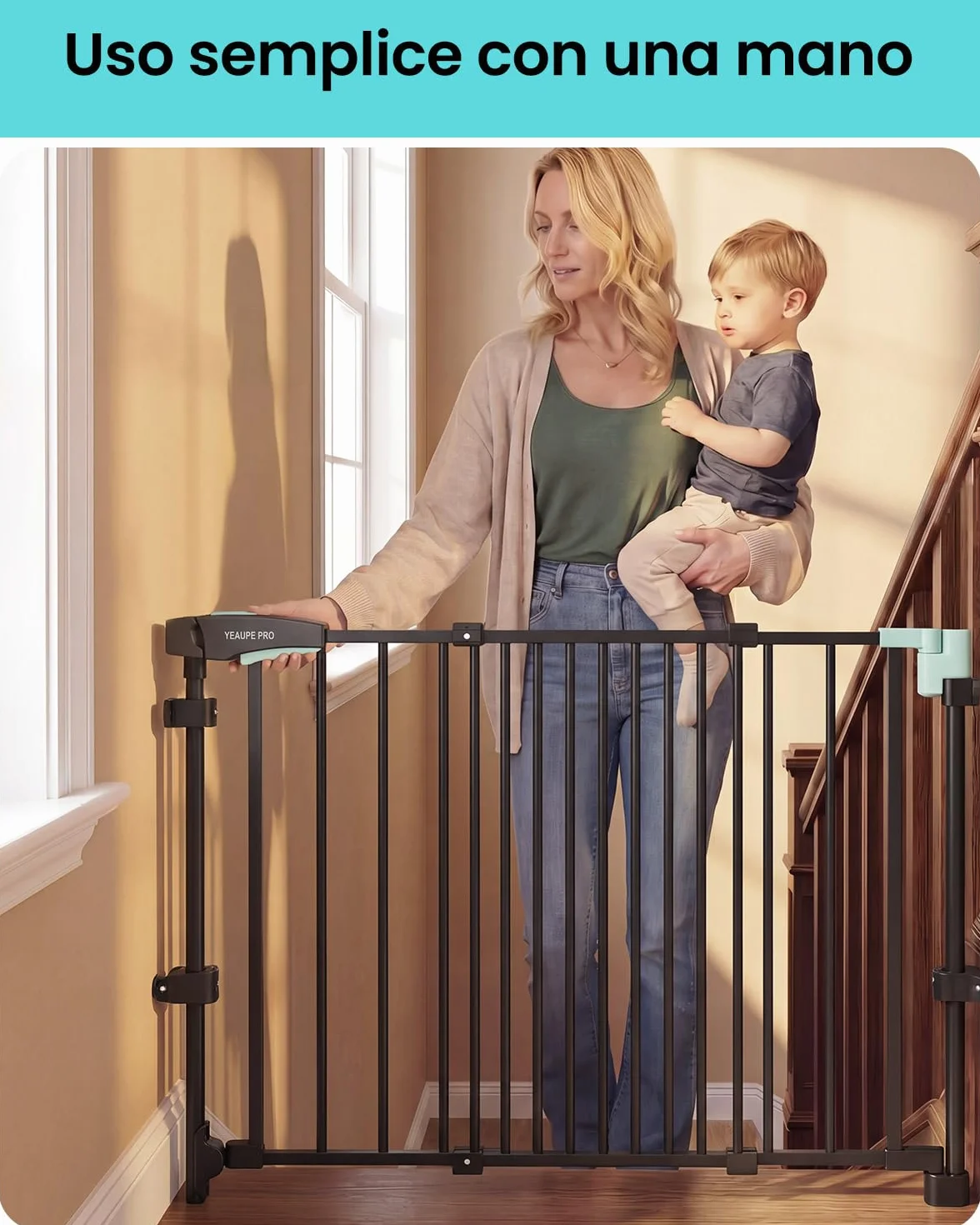 YEAUPE PRO Griglia di protezione per scale senza foratura, per bambini, 75 – 110 cm, telescopica, griglia di protezione per scale e porte, griglia di protezione per porte e cani, apertura manuale a 1