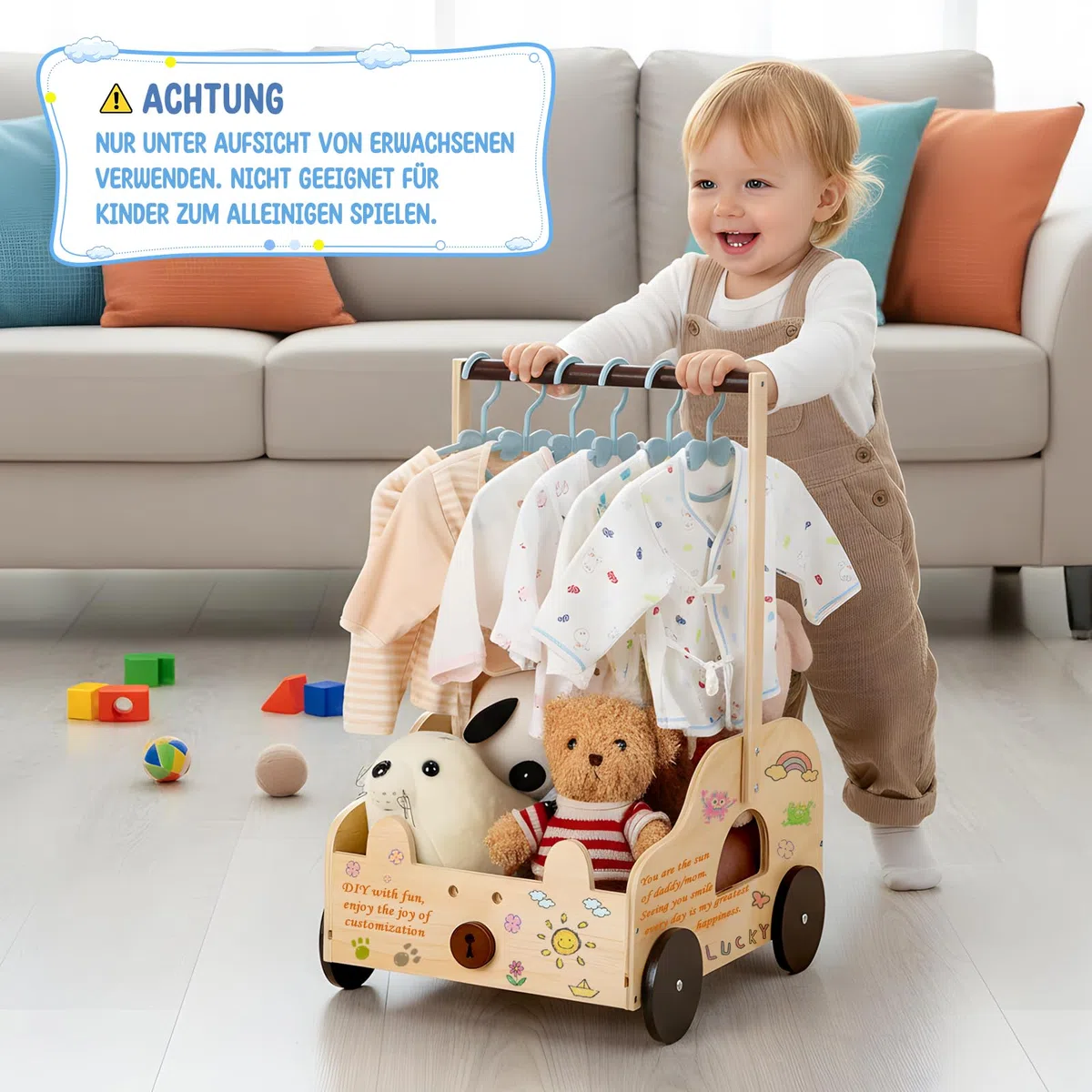 ONUEMP Cestino per bambini in legno con motivo orso, contenitore con ruote e maniglia, 40 x 30 x 58 cm, scatola regalo personalizzabile, per baby shower, legno naturale