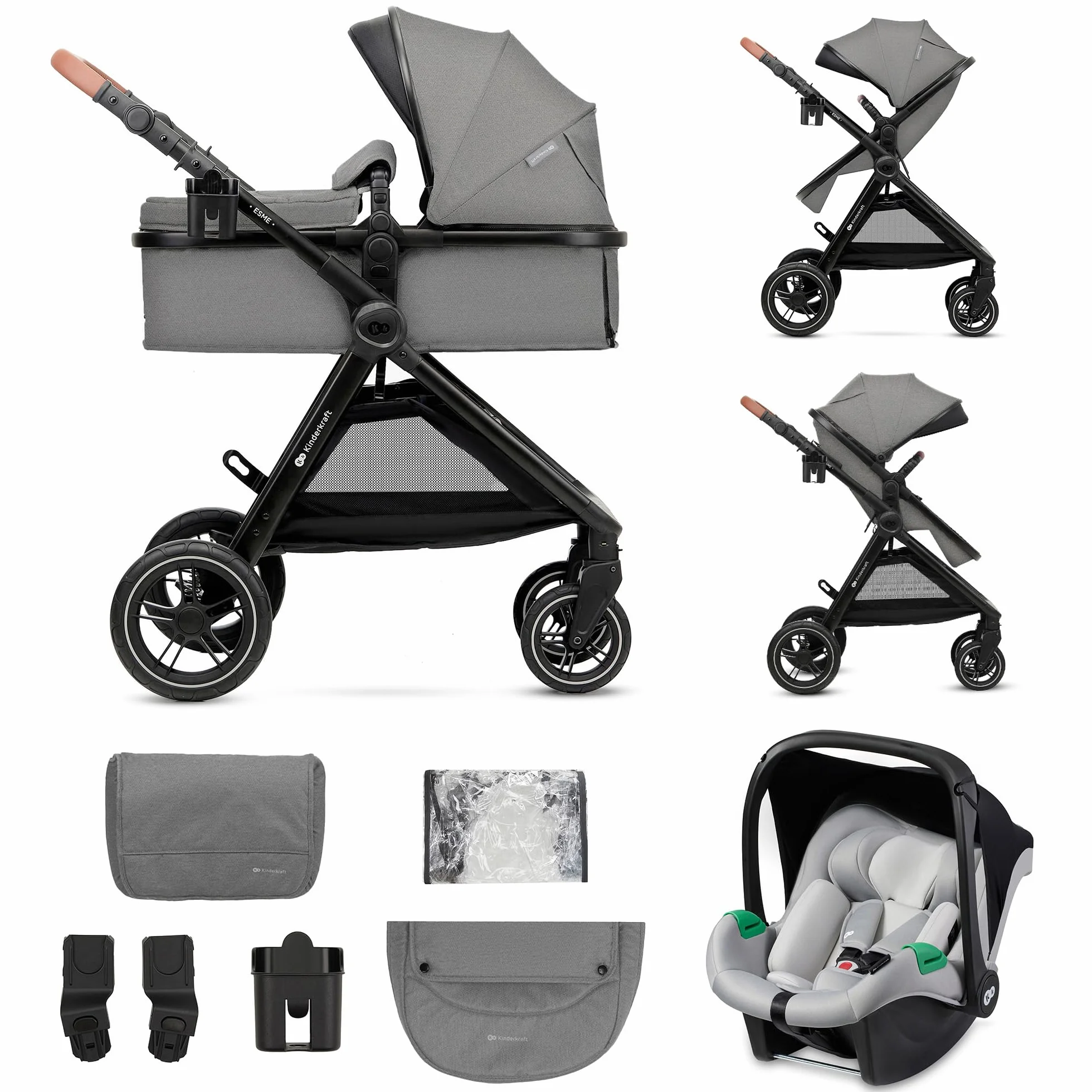 Kinderkraft ESME Trio passeggino 3 in 1 fino 26 kg Ovetto I-SIZE 40-75 cm Carrozzina reversibile pieghevole Grigio
