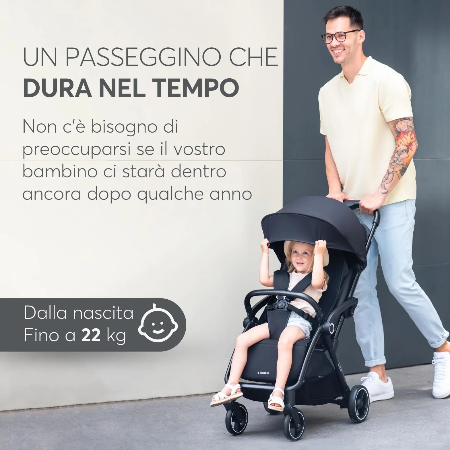 KikkaBoo Passeggino Leggero CIELA fino a 22 kg, Piegatura Automatica, Schienale Reclinabile, Nero
