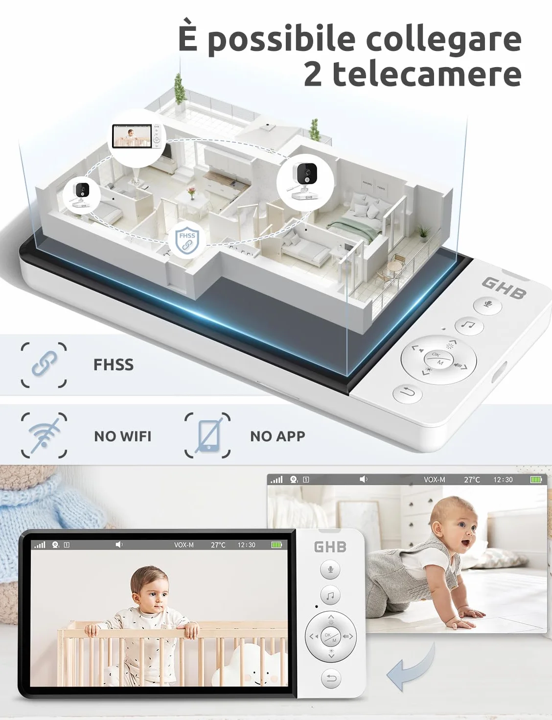 GHB Baby Monitor Video e Audio 5" 720P HD Telecamera Bambini con Schermo IPS 5000mAh VOX Visione Notturna Rilevamento della Temperatura