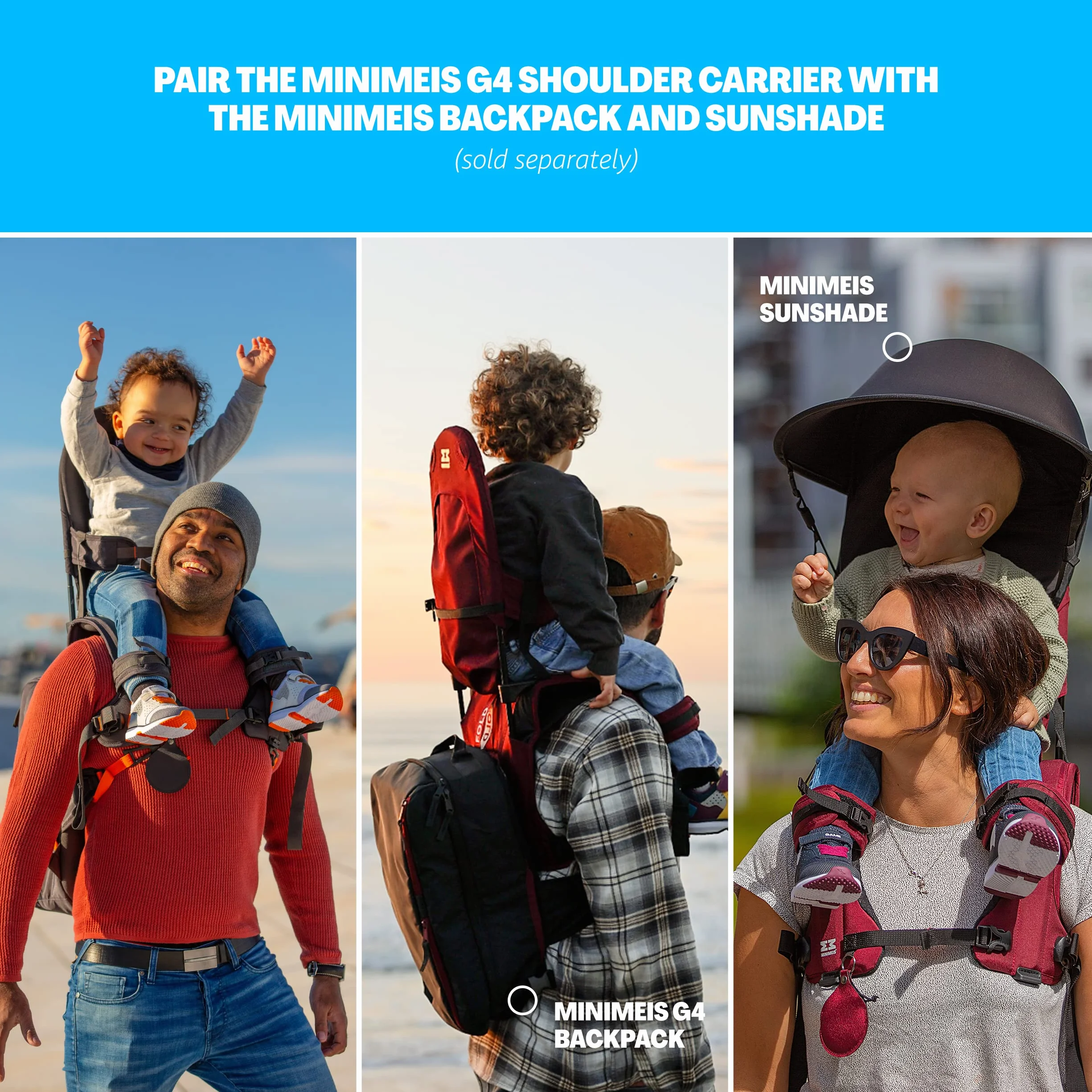 MiniMeis G4 - Marsupio per bambini al mondo con supporto per la schiena, sistema di trasporto pieghevole fino a 18 kg (blu e nero)