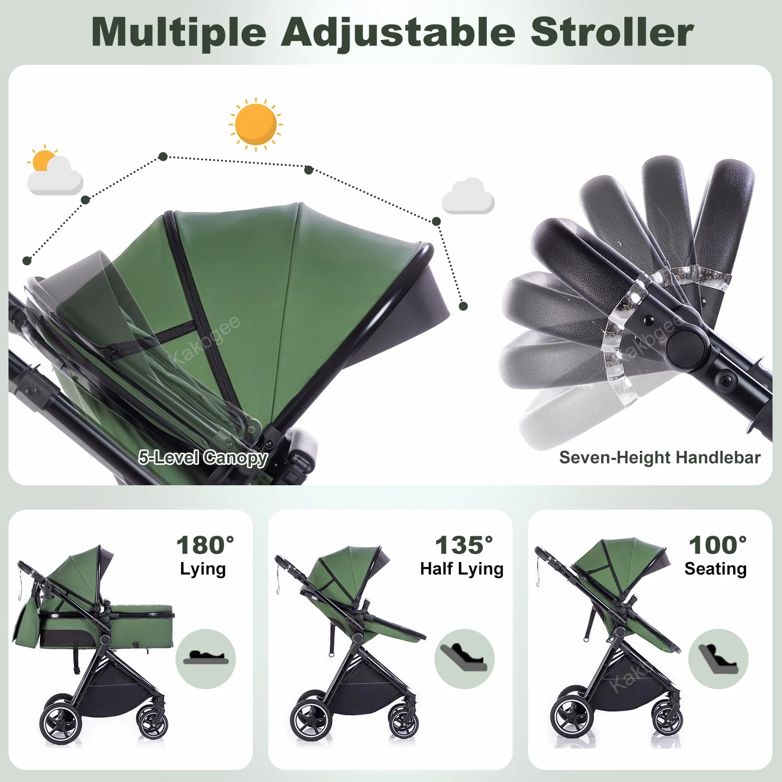 Passeggino 3 in 1 con Seggiolino Auto, Carrozzina Pieghevole, Sospensione 4 Ruote, per Neonati 0-3 Anni (15kg), Blu-Verde