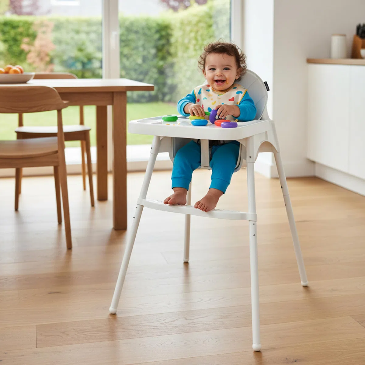 Seggiolone Pappa Bambini 2 Altezze 90/66 cm, Vassoio Removibile Regolabile, Cintura Sicurezza 3 Punti, Rivestimento Imbottito, Piedini Antiscivolo, Massimo 25 kg (Bianco)