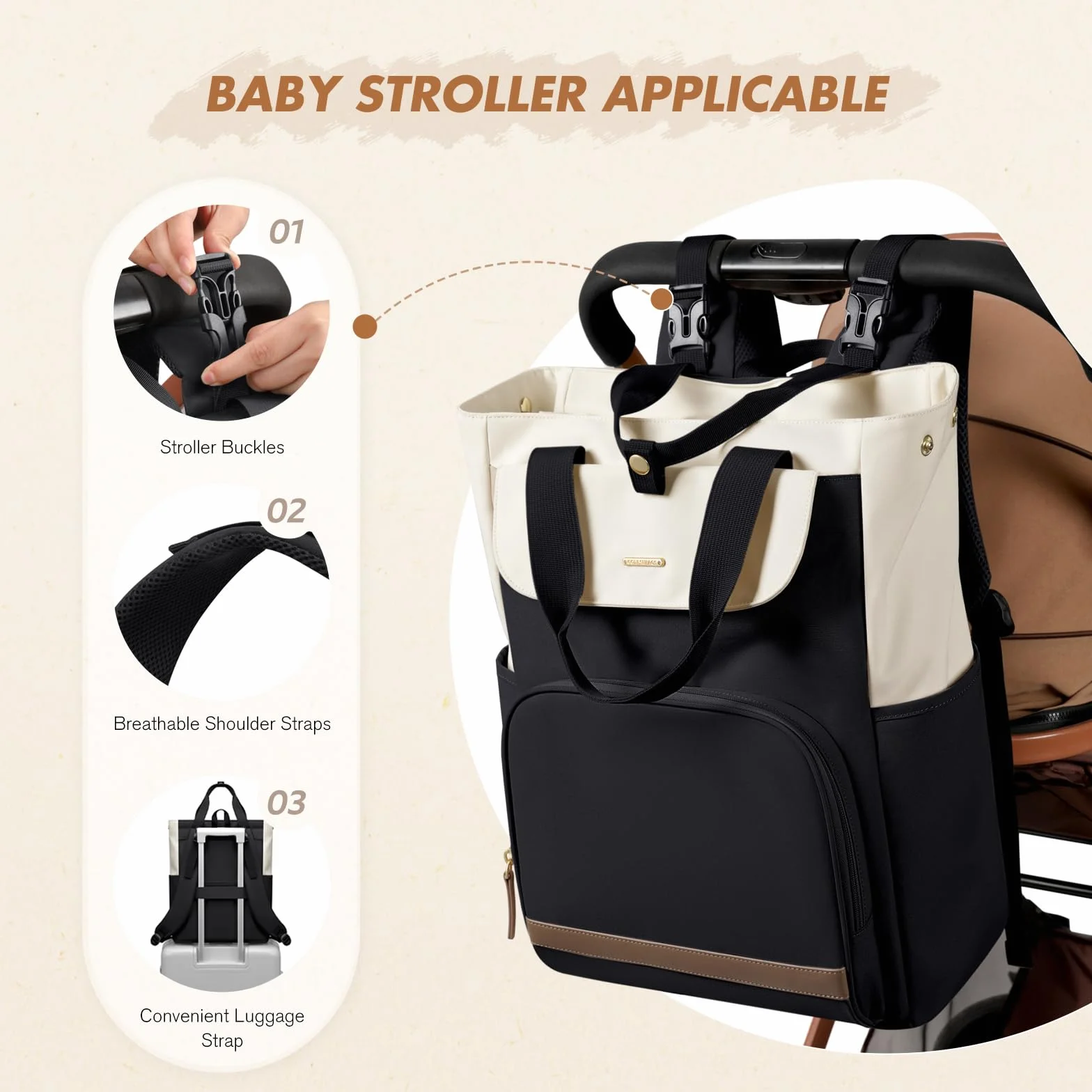 Zaino Fasciatoio Neonato Multifunzione 25L con Fasciatoio Portatile e Ganci Passeggino, Termico, Nero & Bianco