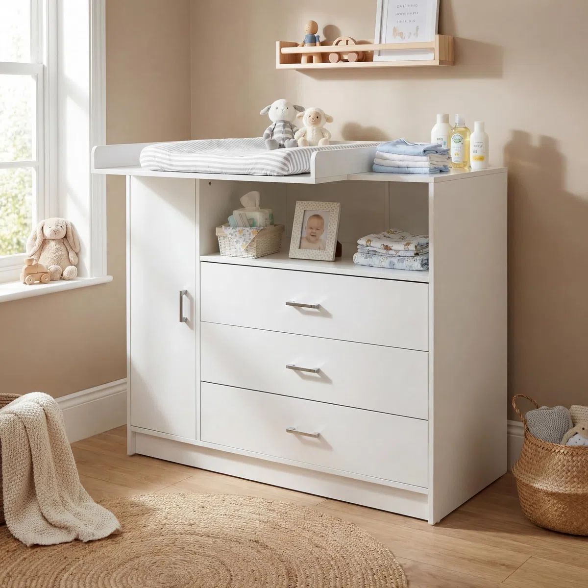 ecomi Cassettiera a fasciatoio, in legno, con piano a fasciatoio, 3 cassetti, 1 porta, altezza 100 cm, colore bianco, dimensioni 113 x 100 cm, maniglie cromate