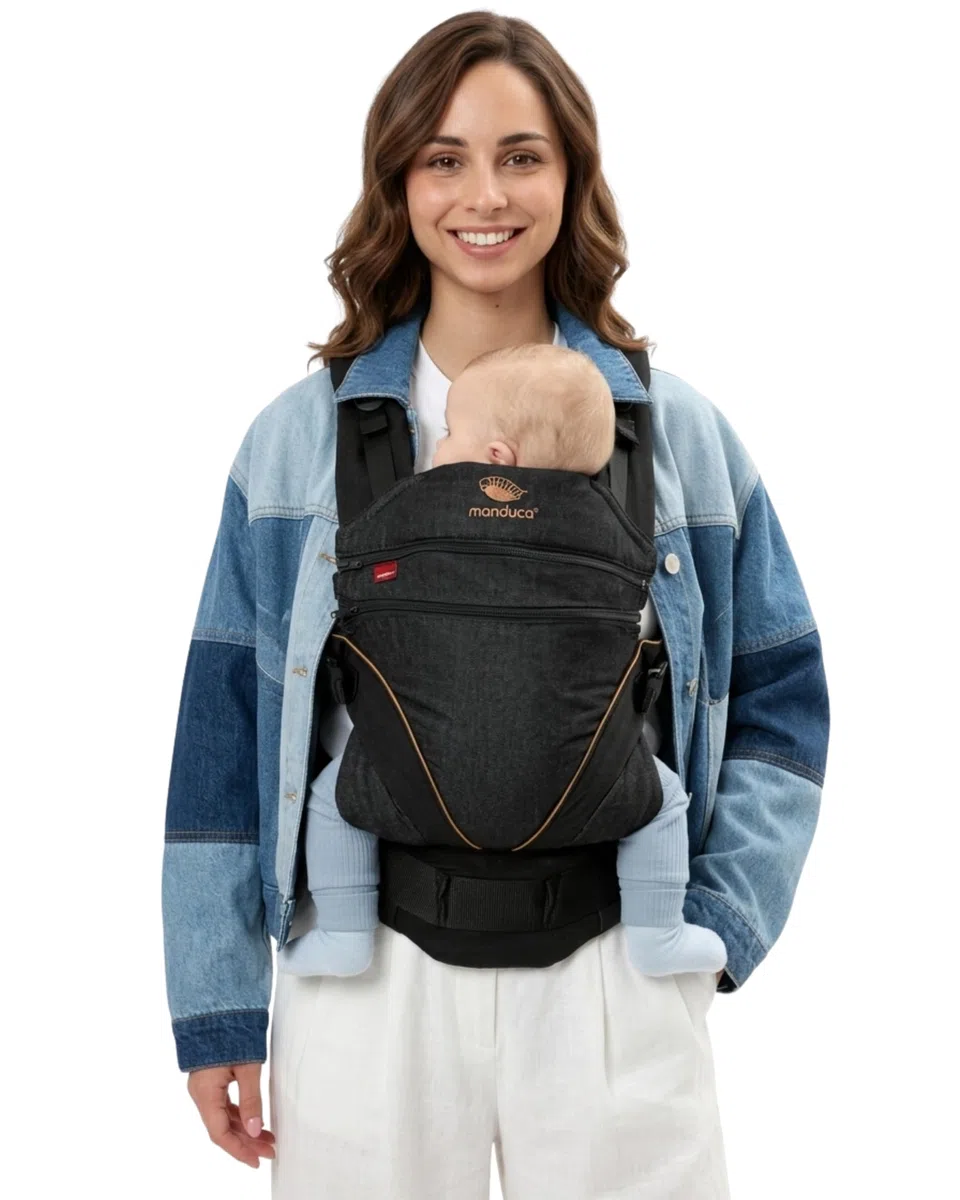 Manduca Xt Marsupio Bambino, Uno per Tutti, Marsupio Ergonomico e Flessibile Con Seduta Regolabile per Neonati e Bambini Fino a 20kg, XT Cotton Edition, Cotone Biologico Denim Nero + Caramello