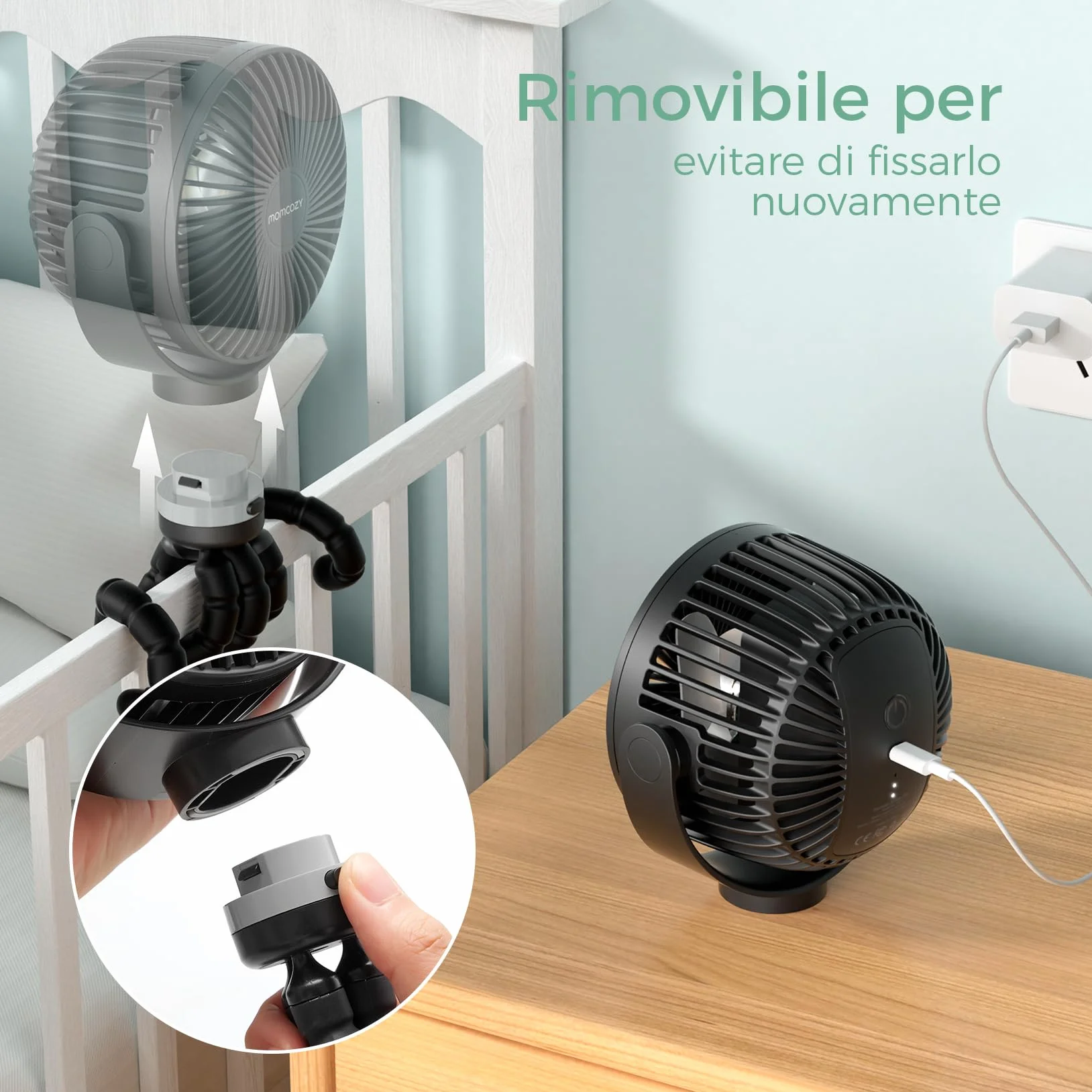 Momcozy 8000mAh Ventilatore Portatile per Passeggino, Batteria 27H, Rotazione 360°, 4 Velocità, Luce Notturna, Ricaricabile USB