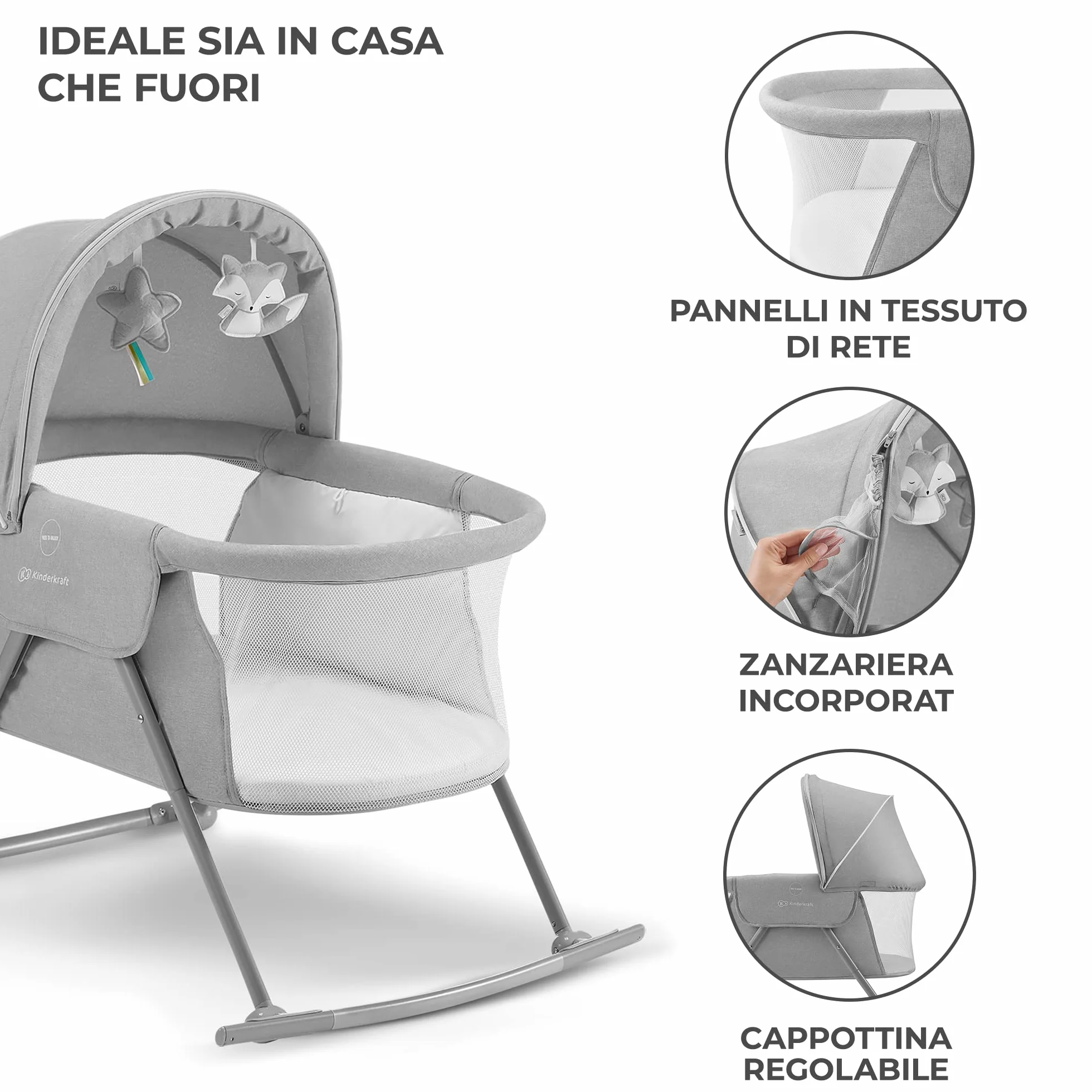 Kinderkraft LOVI Lettino da Campeggio Pieghevole per Neonati 0-9 kg Grigio