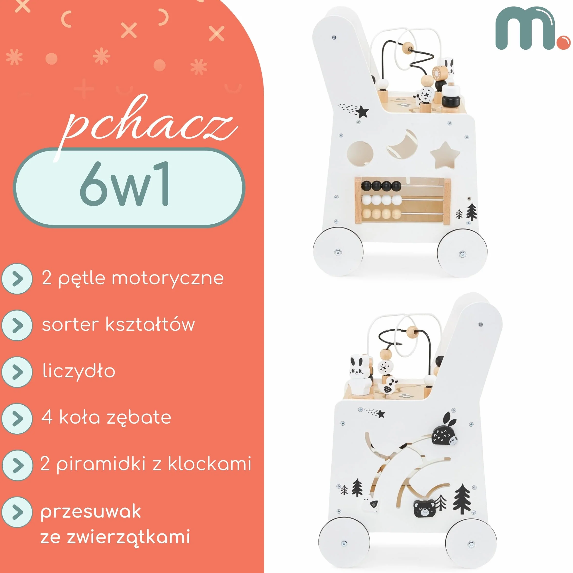 Mamabrum Primi Passi 6 w 1 Spintore Legno Tavolo Didattico Giochi Bambini Abaco Loop Motorio 31x28x49cm