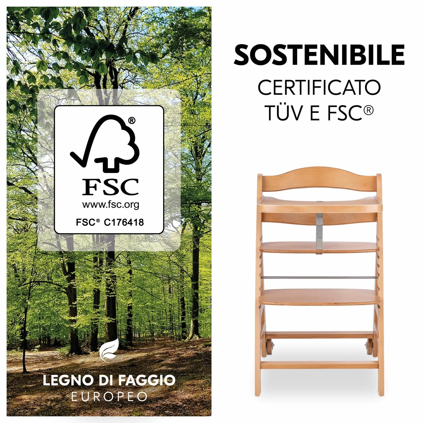 Hauck Beta+ Naturale Seggiolone Pappa con Ruote, Vassoio, Barra Protettiva, Cuscino di Seduta, Cintura a 5 Punti - Legno di Faggio 6 Mesi 90 kg