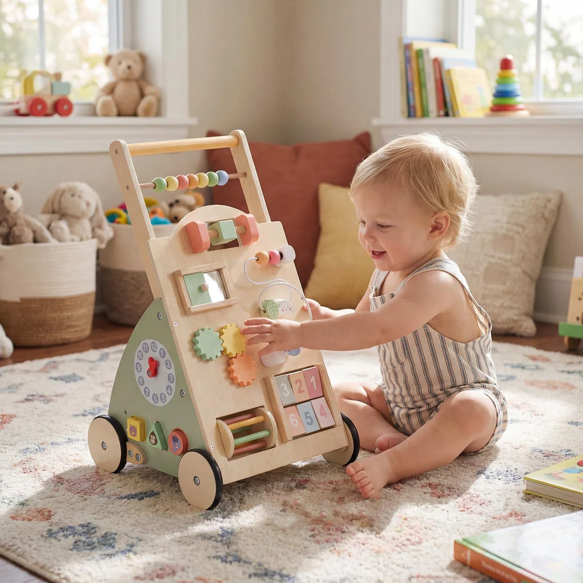 COSTWAY Carello Primi Passi in Legno per Bambini, Girello Montessori con Centro Attività, Ruote e Cestino Portaoggetti, Gioco Educativo per Bambini 12 + Mesi (Modello 5)