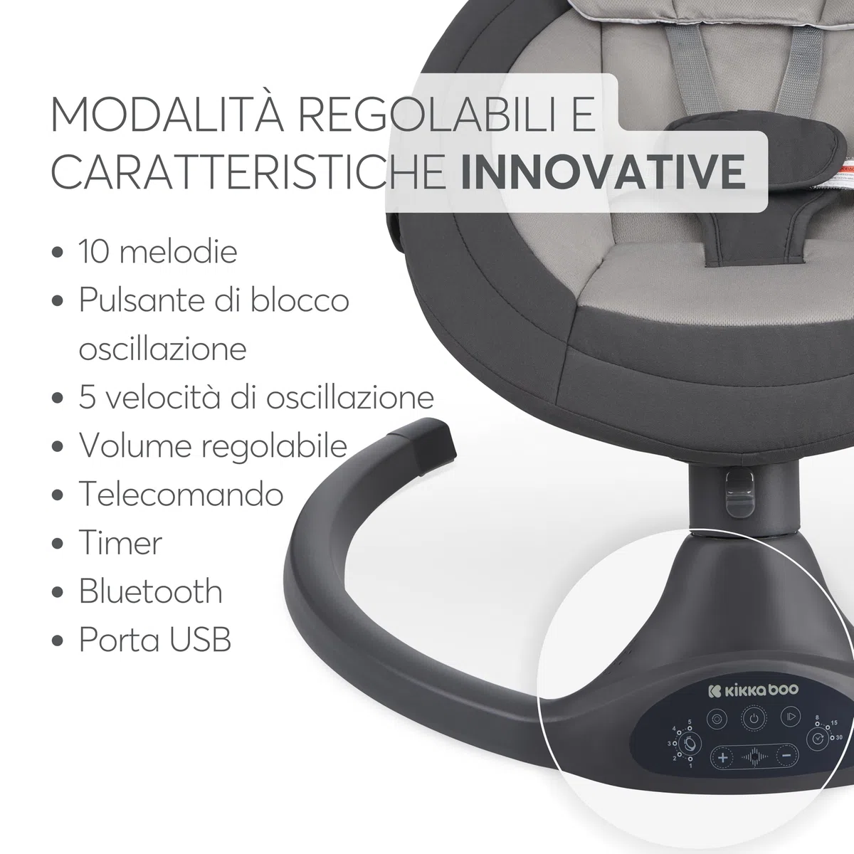 Sdraietta Neonati Elettrica KikkaBoo CODIE, Dondolo Elettrico per Neonati con Bluetooth, 5 Velocità, Schienale Regolabile, 10 Melodie, Fino a 9 kg, Grigio scuro