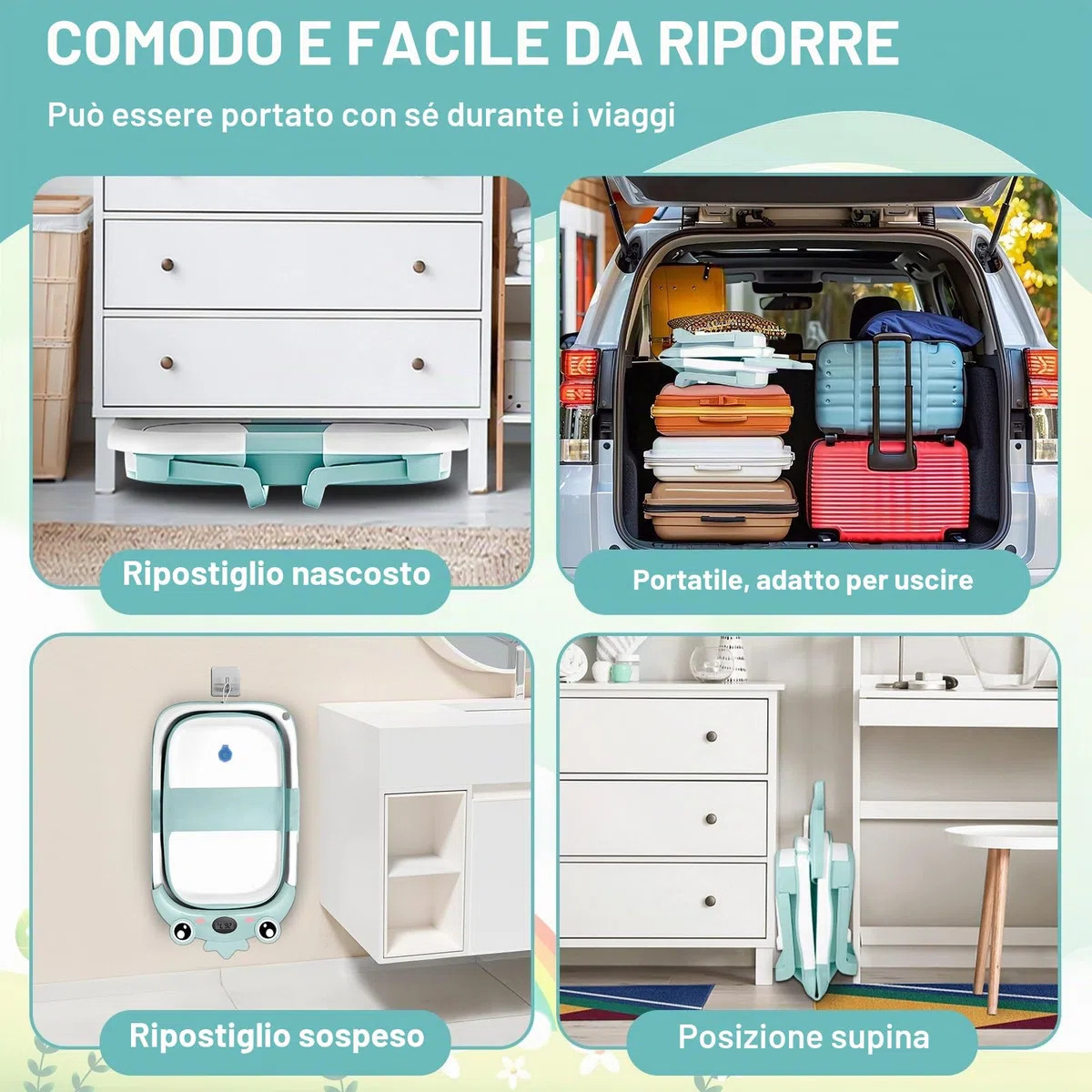 Vaschetta Bagnetto Neonato Pieghevole, Vasca Neonato Bagnetto con Termometro E Cuscino Staccabile, Bagnetto Neonato per Portatile, Vasca da Bagno per Neonato A Bambino 0-36 Mesi (Verde)