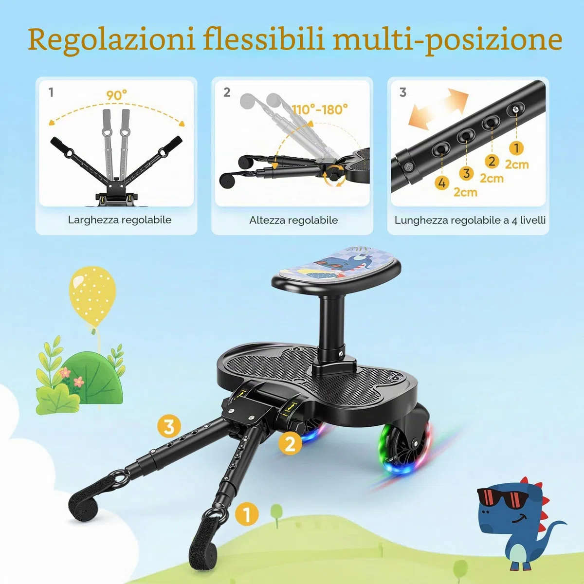 Passeggino con ruote a LED, pedana per passeggino, per bambini da 2 a 6 anni (25 kg), compatibile con il 99% di tutti i passeggini