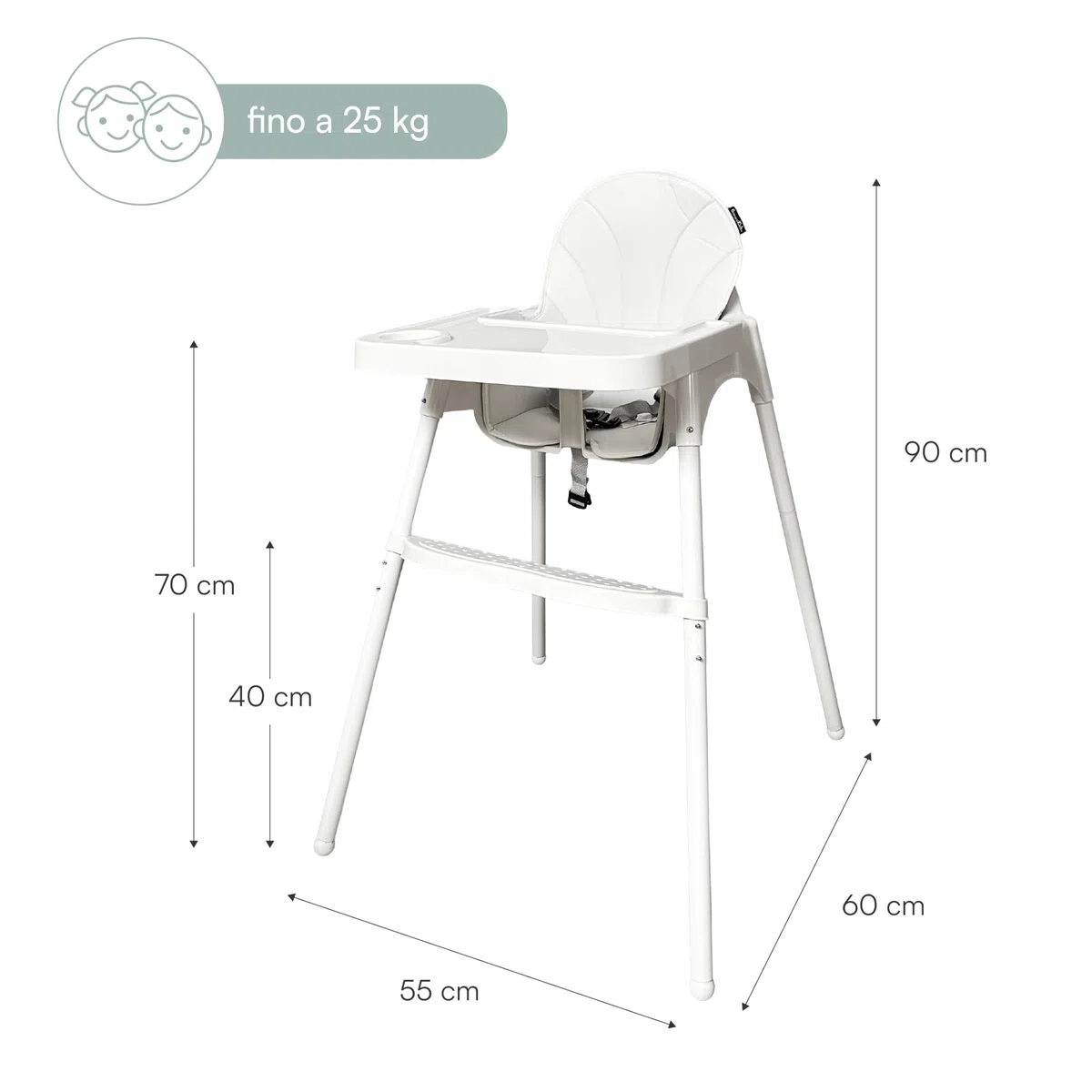Seggiolone Pappa Bambini 2 Altezze 90/66 cm, Vassoio Removibile Regolabile, Cintura Sicurezza 3 Punti, Rivestimento Imbottito, Piedini Antiscivolo, Massimo 25 kg (Bianco)