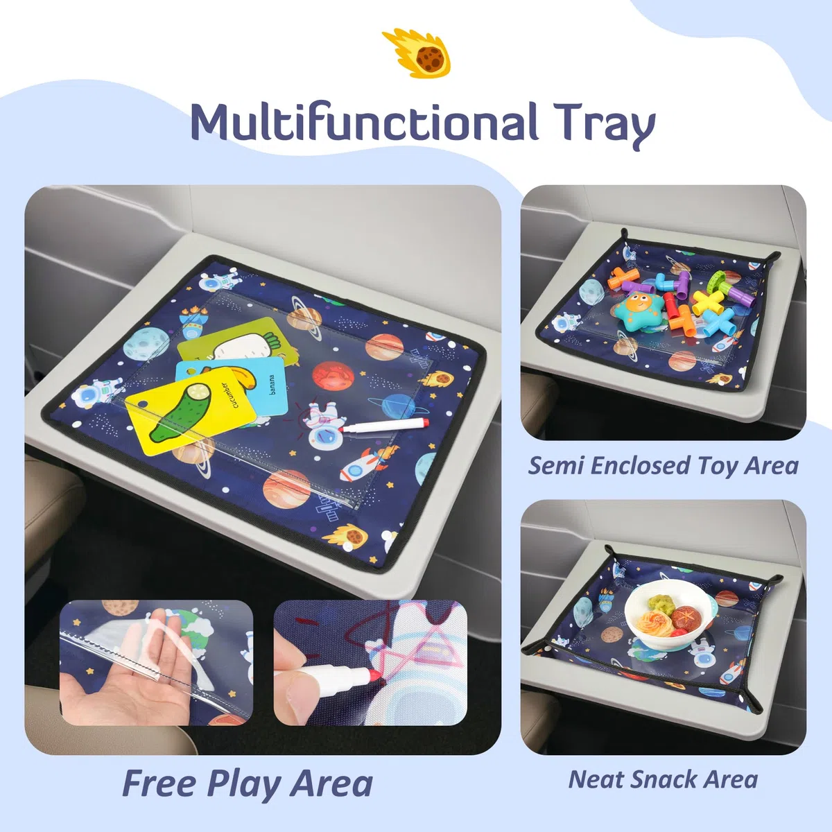 Babenest Vassoio da viaggio per bambini con supporto per tablet, elementi essenziali per aerei, vassoio da viaggio con tasche, indispensabile per viaggi in treno e forniture per volare (blu cielo