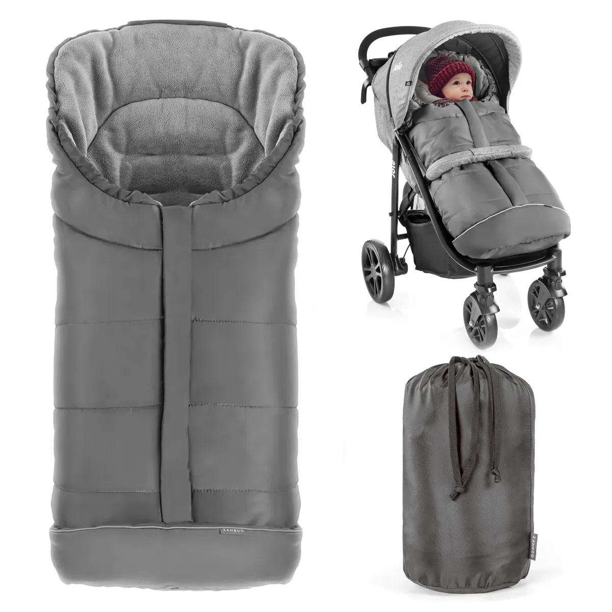 Zamboo Sacco Passeggino Invernale e per Carrozzine - Coprigambe Passeggino Universale Invernale con Banda Riflettente, con Borsa - Grigio