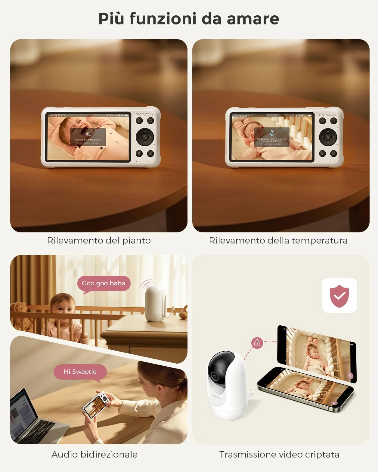 Momcozy Baby Monitor 1080P 5" WiFi Telecamera Neonato 5000mAh Batteria Zoom 4X Visione Notturna