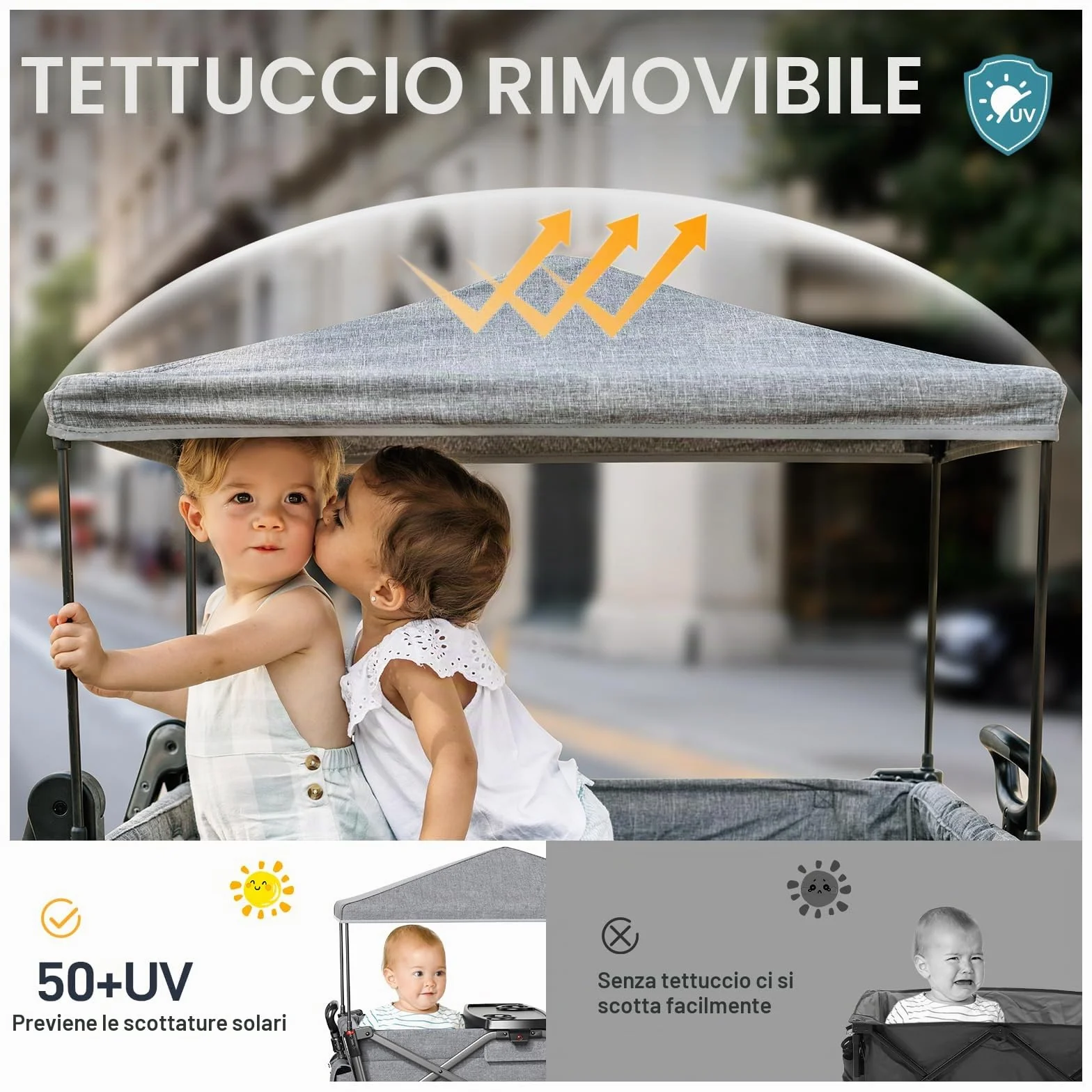 EVER ADVANCED Passeggino pieghevole per bambini con tetto, cintura di sicurezza 2x5 punti, carrello di trasporto con zaino, freno a pedale, capacità 50KG