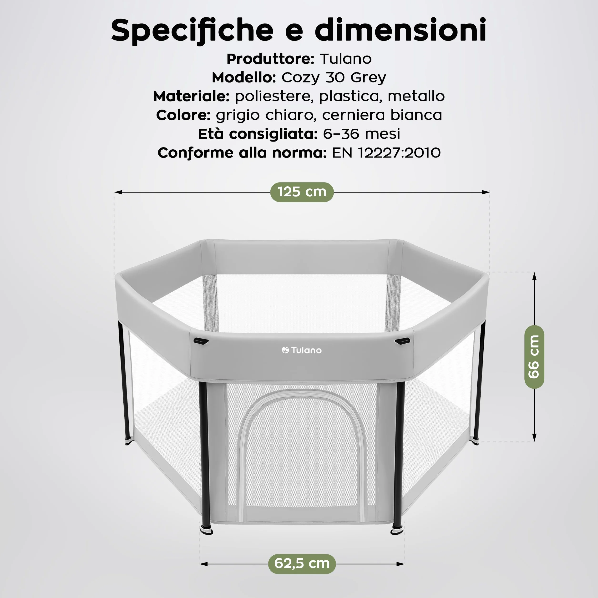 Tulano Cozy 30 Box per Bambini 125x125 cm – da 6 a 36 mesi – Recinto Neonato con Fondo – Struttura in Metallo – Rete Traspirante – Porta con Cerniera – Borsa Inclusa – Casa e Giardino – Grigio