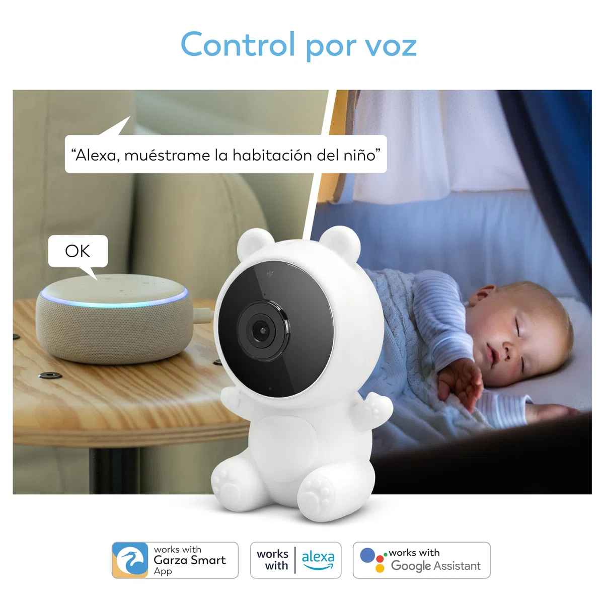 Garza Telecamera per la Sorveglianza del Bambino 1080p HD con Sensore di Temperatura, Visione Notturna, Rilevamento di Pianti, Ninnananne, Rumore Bianco e WiFi 2.4 GHz., 3 Coperture + Supporto