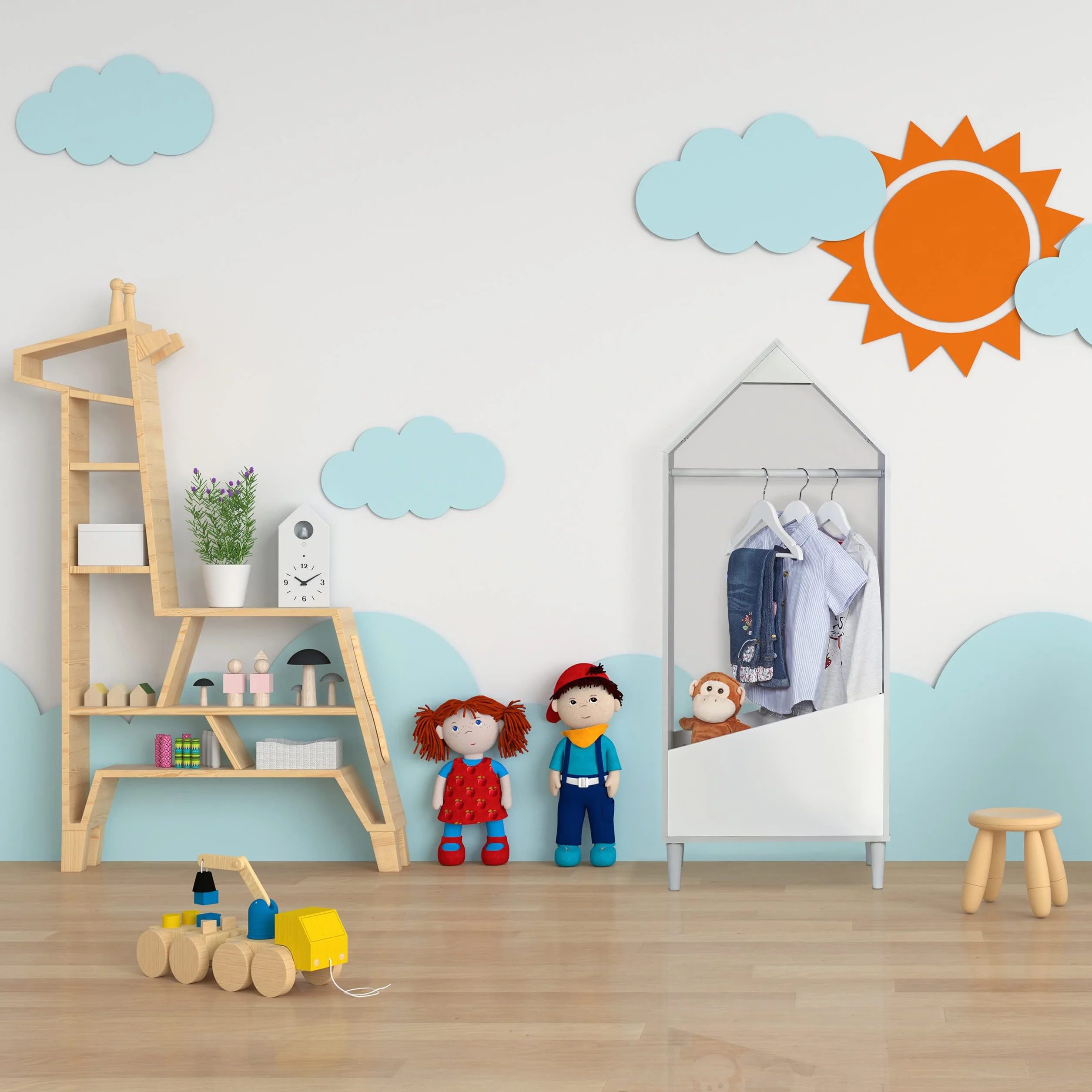 Relaxdays Appendiabiti per Bambini con Asta Attaccappanni e Ripiano 117x48x30 cm Grigio Bianco