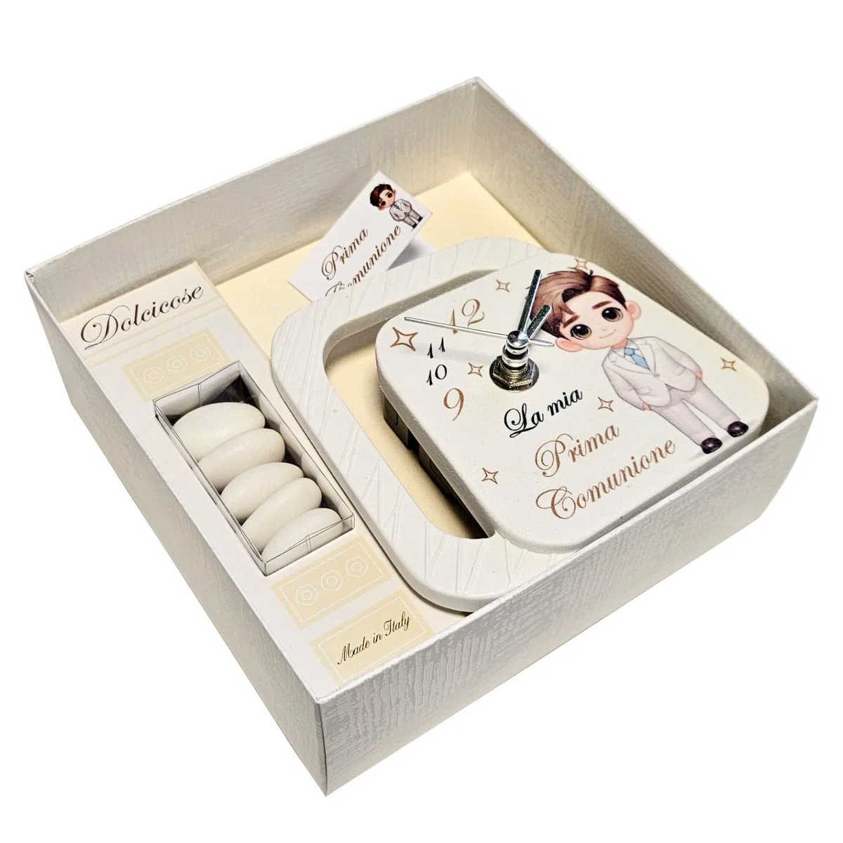 Generico Ametista Regali Bomboniere Set 6 Orologi Prima Comunione Maschio 11,5x11cm - Completi di Scatole, nastri in organza, confetti senza glutine e bigliettini personalizzati